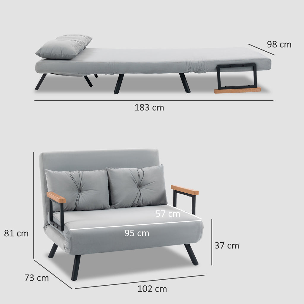 HOMCOM 3-in-1 Velvet Fabric Sofa Bed with Adjustable Backrest and 2 Cushions, 102x73x81 cm, Light Grey