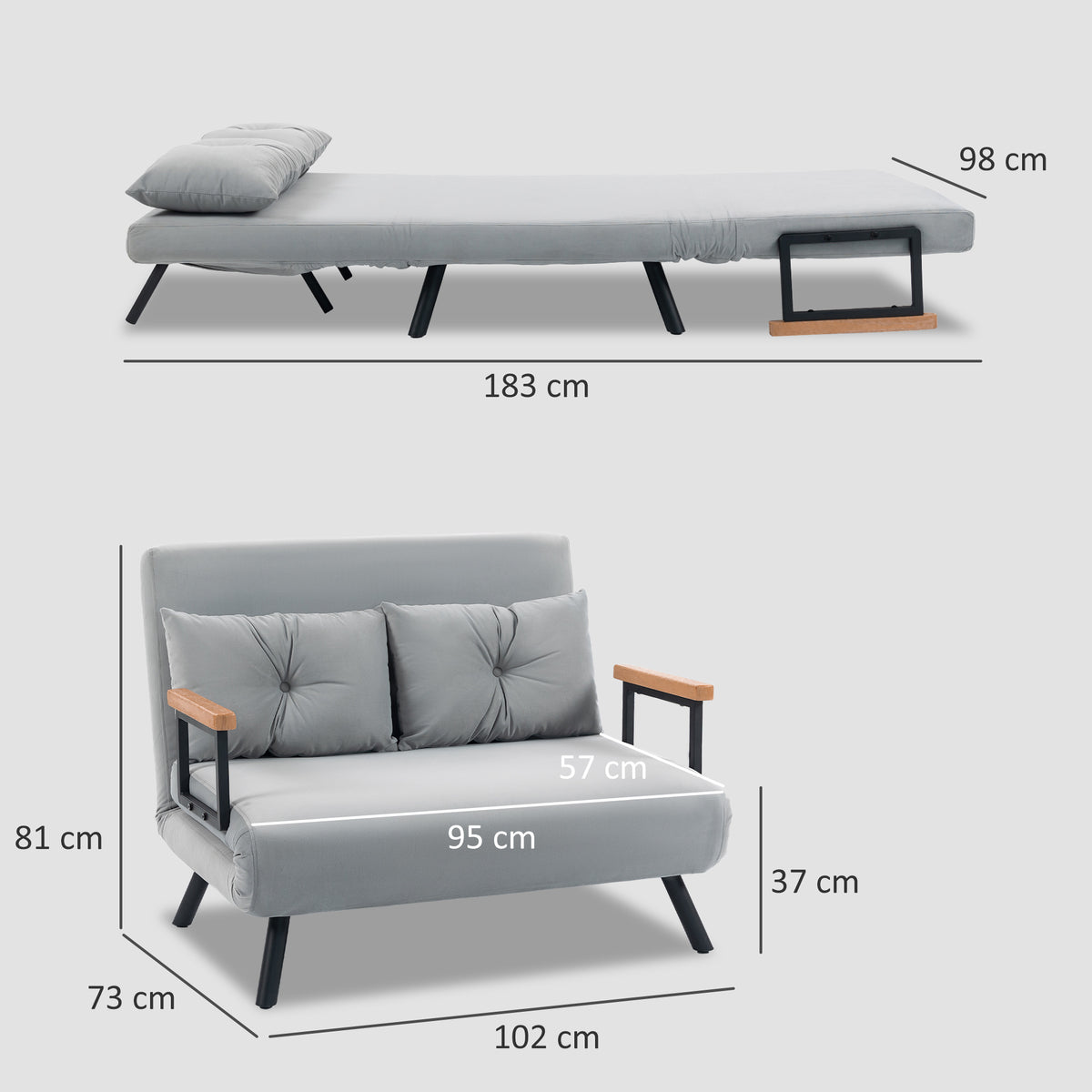 HOMCOM 3-in-1 Velvet Fabric Sofa Bed with Adjustable Backrest and 2 Cushions, 102x73x81 cm, Light Grey