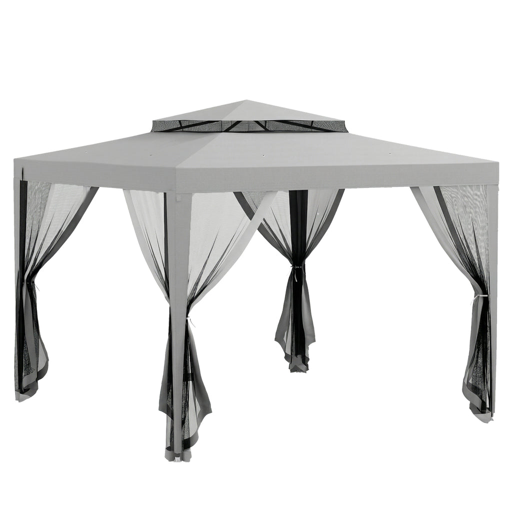 Outsunny 3x3 m Garden Gazebo with Mosquito Net, Double Roof and 8 Holes, in Steel and Polyester, Grey
