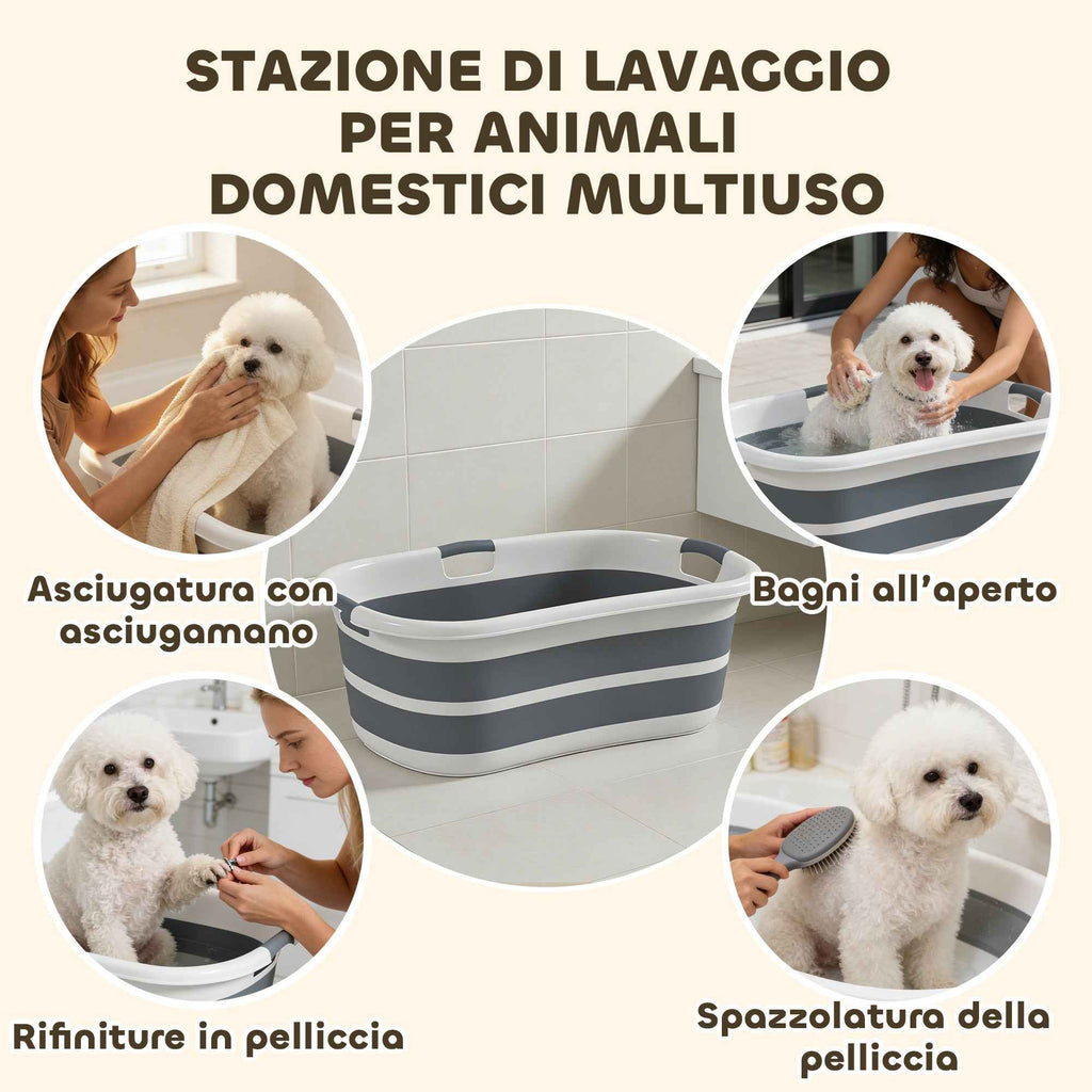 PawHut Dog Bathtub, Portable Folding Tub with Drain Hole, for Small Dogs and Puppies, Gray