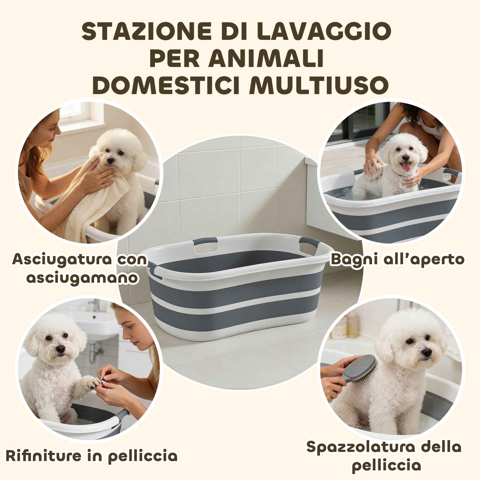 PawHut Dog Bathtub, Portable Folding Tub with Drain Hole, for Small Dogs and Puppies, Gray