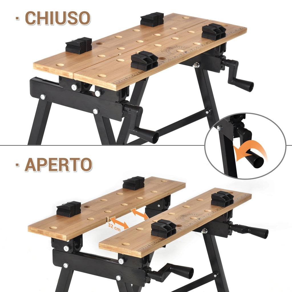 Folding Workbench with 4 Vices, Ruler and Protractor, 150 kg Capacity, Black and Wood