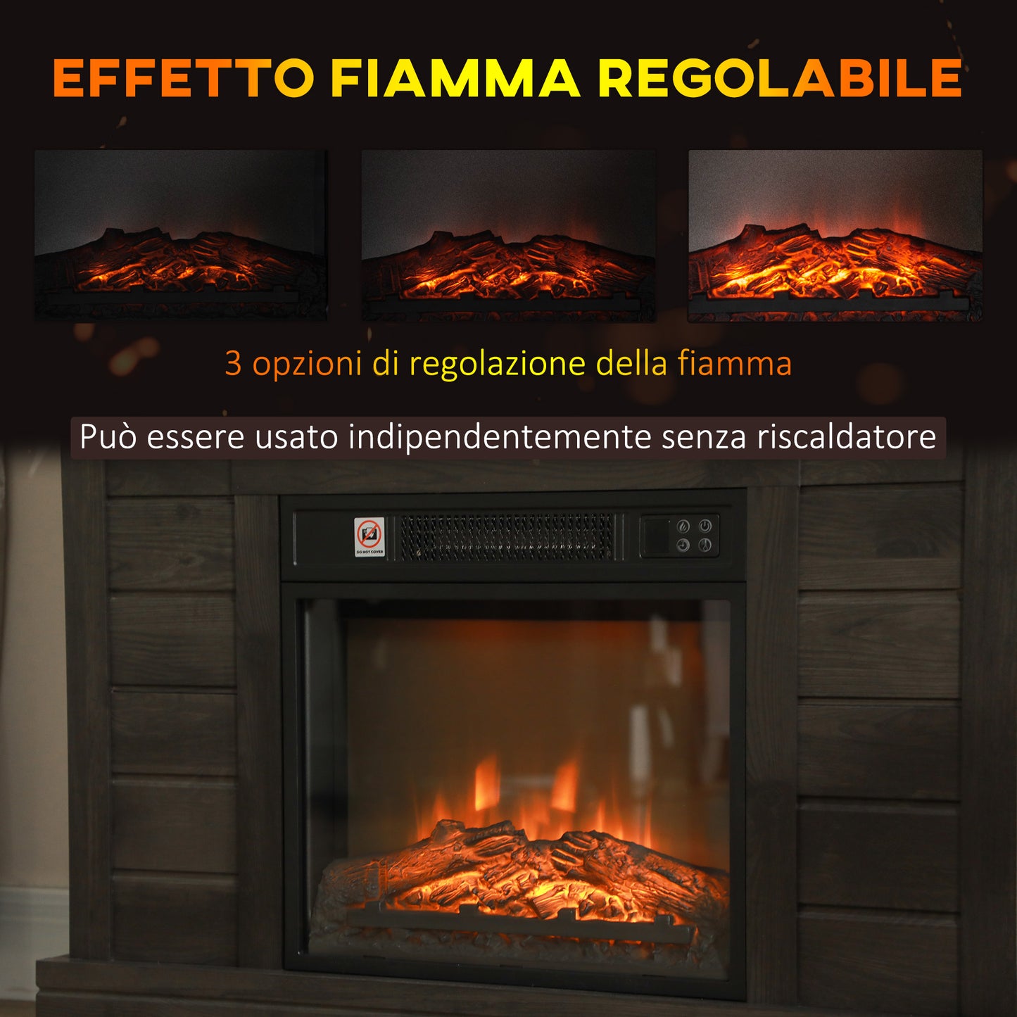 Electric Fireplace 1800W with Flame Effect and Remote Control, in Wood, Metal and Glass, 96.5x22x81.7 cm, Dark Grey