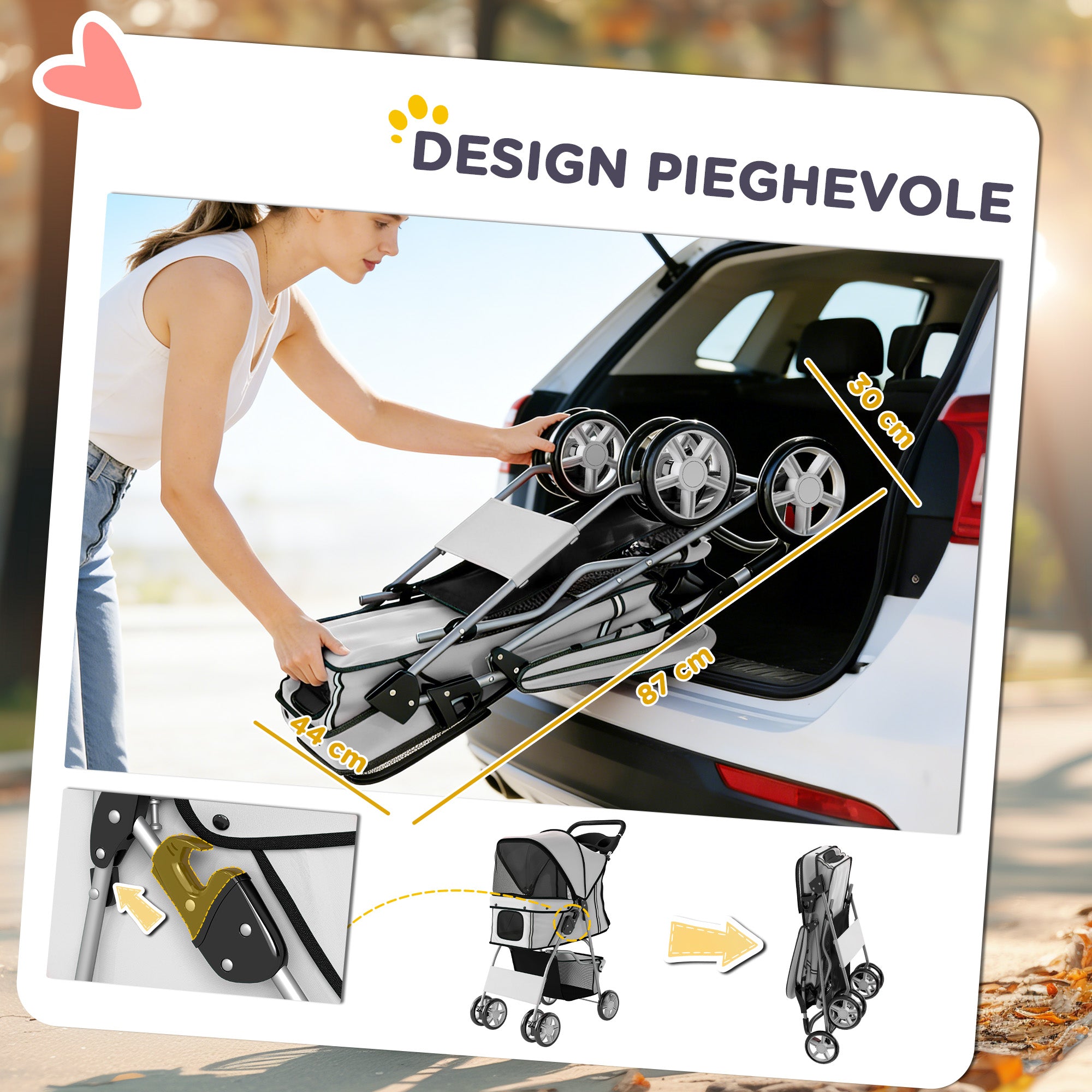PawHut Folding Dog Stroller with Reflectors, Swivel Wheels, Brakes, and Washable Cushion, Grey