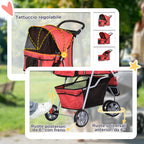 Folding Dog Stroller for Small Dogs, Dog Pushchair with Braked Wheels, Cup Holder, Storage Basket and Removable and Washable Padding, for Pets up to 10 kg, Red