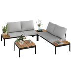 4 Piece Garden Set with 2 2 Seater Sofas and 2 Coffee Tables in Metal and Composite Wood, Grey Black and Teak