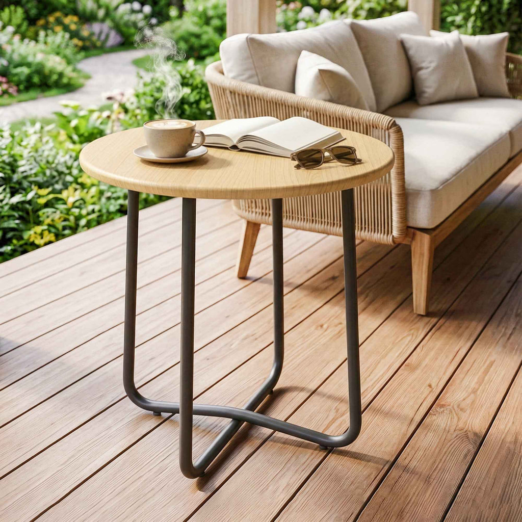 Outsunny Round Metal Garden Table, Ø48x51 cm, Natural Wood Effect