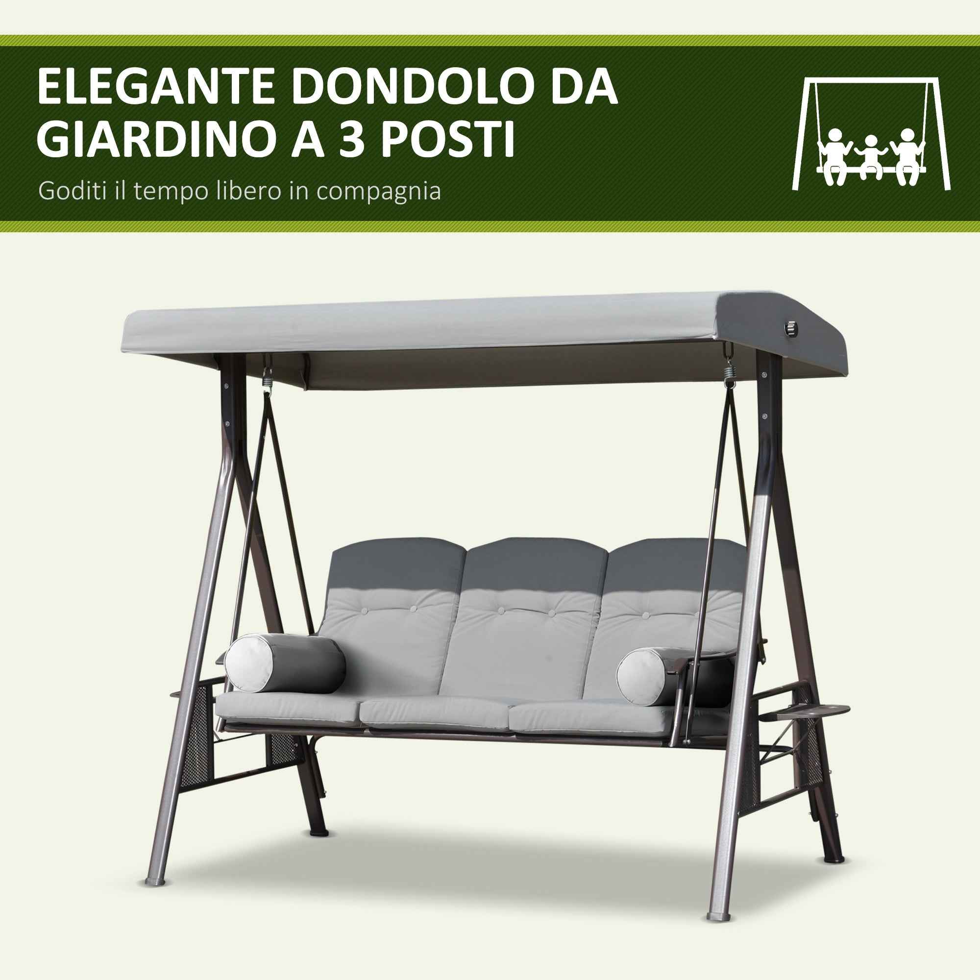 Outsunny 3-Seater Garden Swing with Adjustable Canopy, Cup Holder and Cushions, 208x121x172 cm, Light Grey