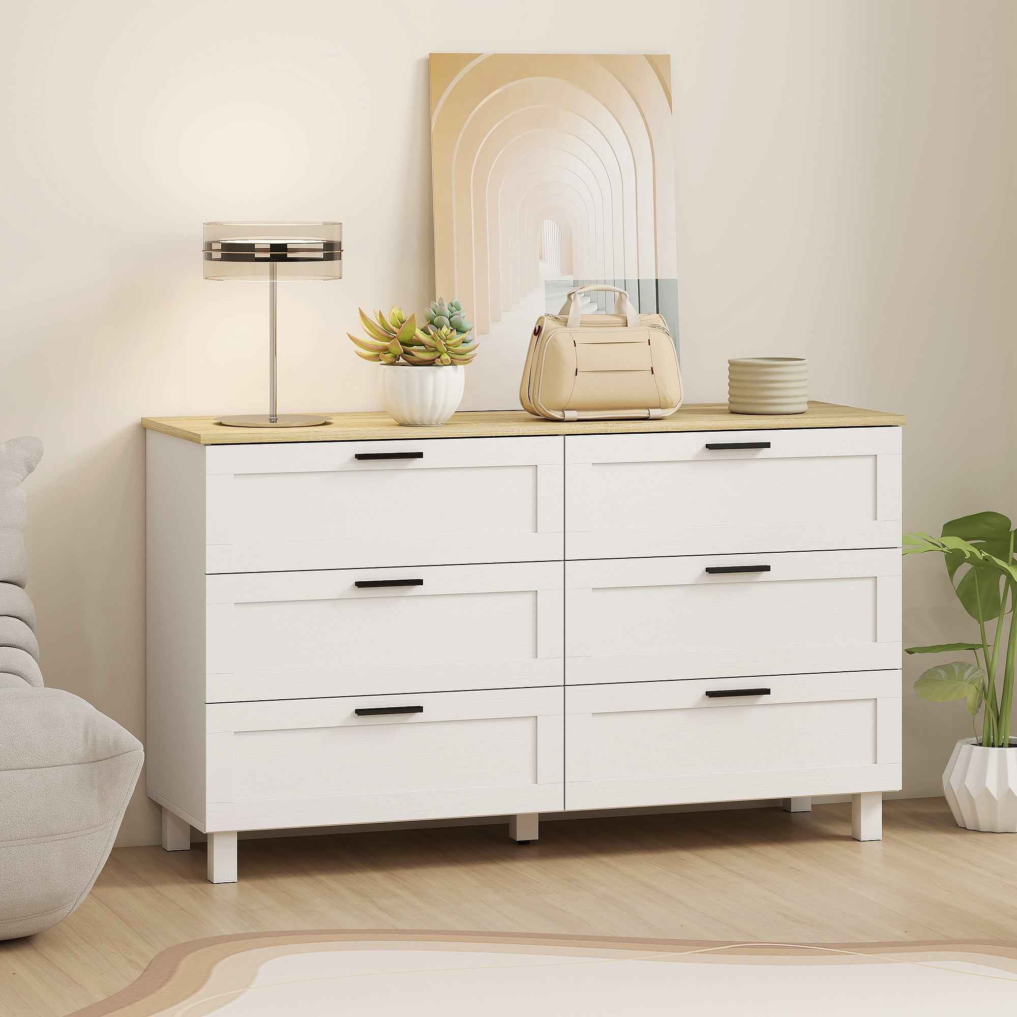 HOMCOM Modern 6-Drawer Chest of Drawers in Chipboard, Pine Wood and MDF, 120x38x71 cm, White and Wood Color