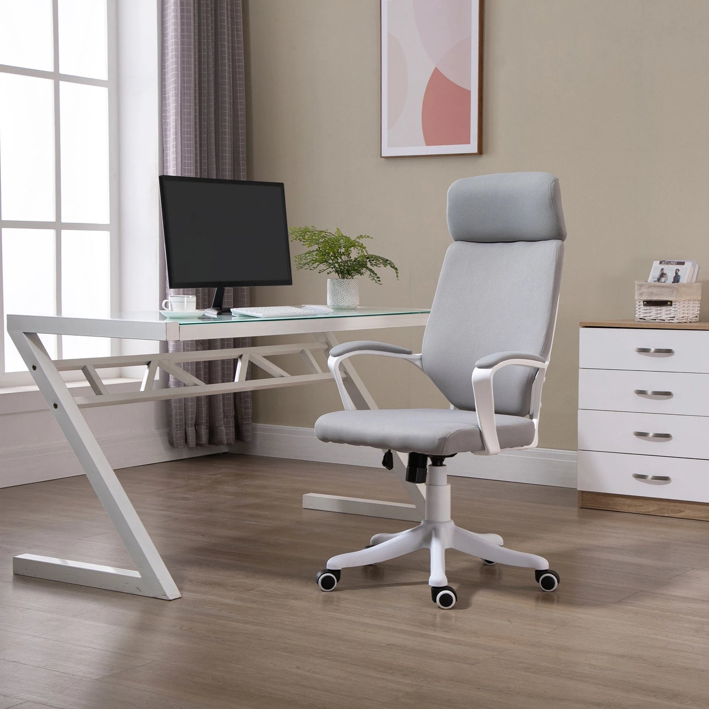 Swivel Office Chair with Headrest, Height-Adjustable Armchair with Rocking Function, 63x65x112-120cm, Light Grey