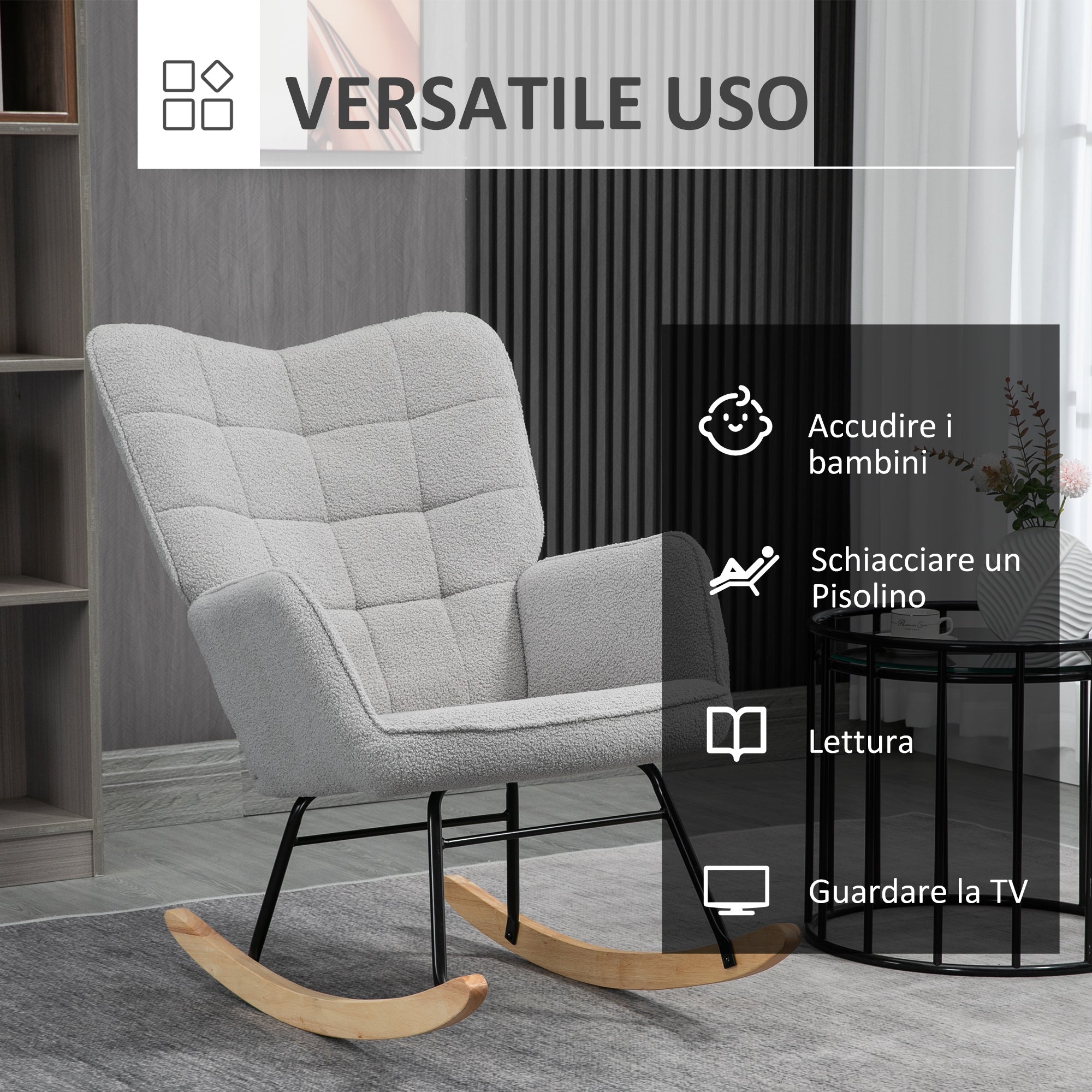 Upholstered Rocking Chair in Wood and Steel with Bouclé Upholstery, 71x98x101 cm, Grey