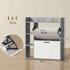 HOMCOM Slim Shoe Rack with 2 Tilting Drawers and 3 Open Compartments, Capacity 15 Shoes, 83x24x90.5 cm, Grey