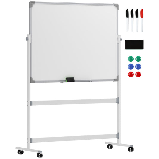 2-Sided White Magnetic Whiteboard with Accessories and 4 Wheels, in Aluminum and Steel, 127x50x165 cm