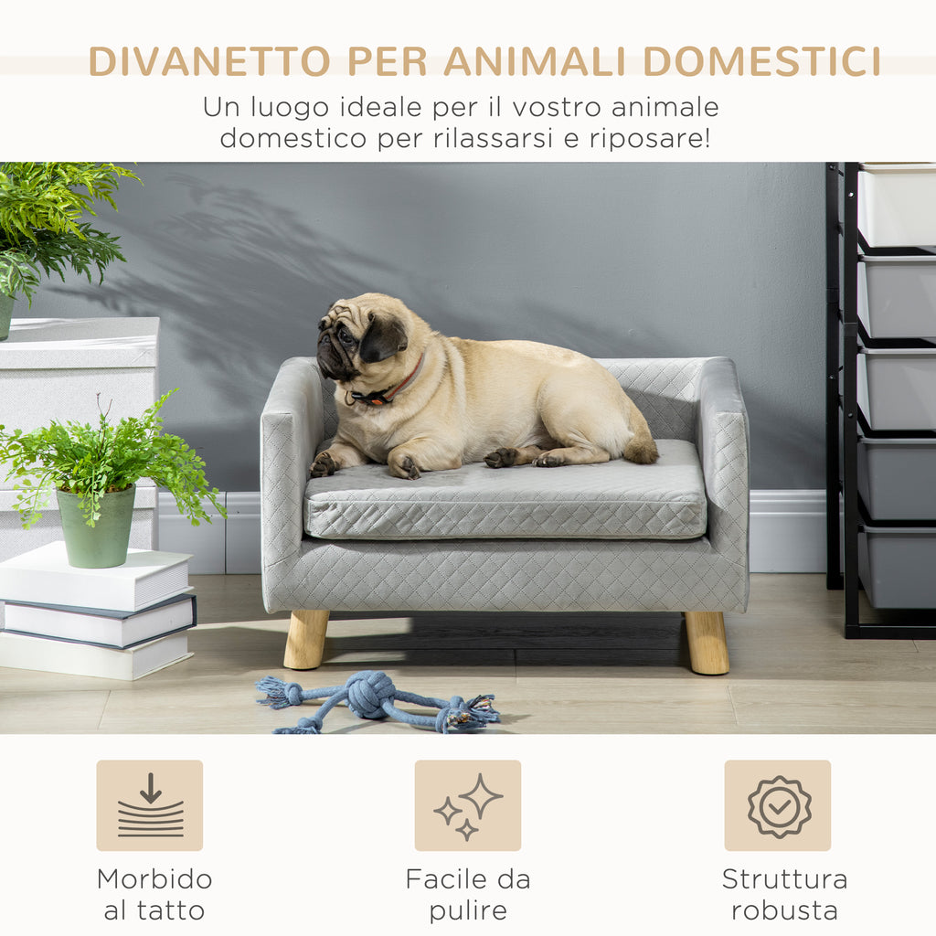 Scandinavian Style Dog and Cat Sofa with Upholstered Velvet and Wood Cushion, 64x45x36cm, Grey