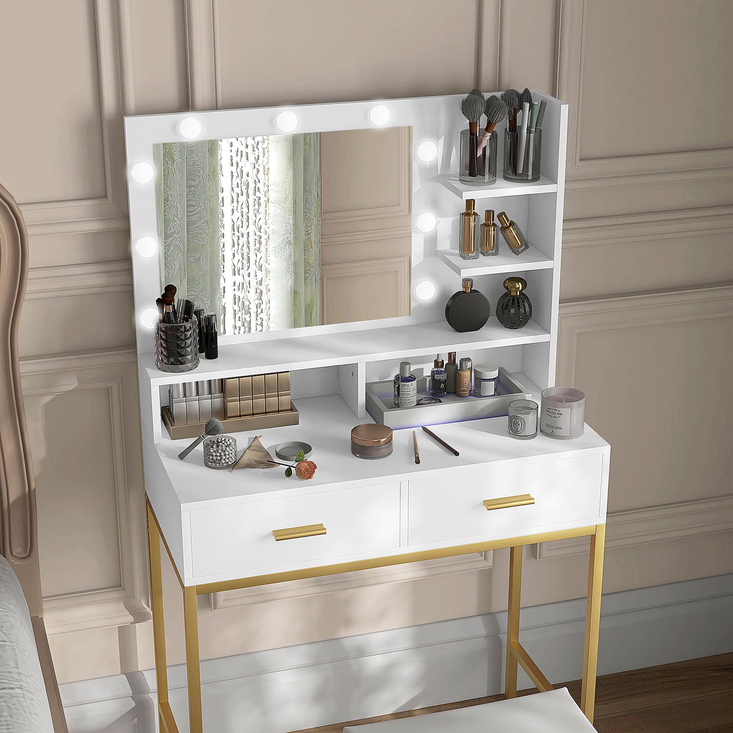 Vanity dressing table with mirror, 2 drawers, 5 shelves and stool, in MDF and chipboard, 80x40x138 cm, White