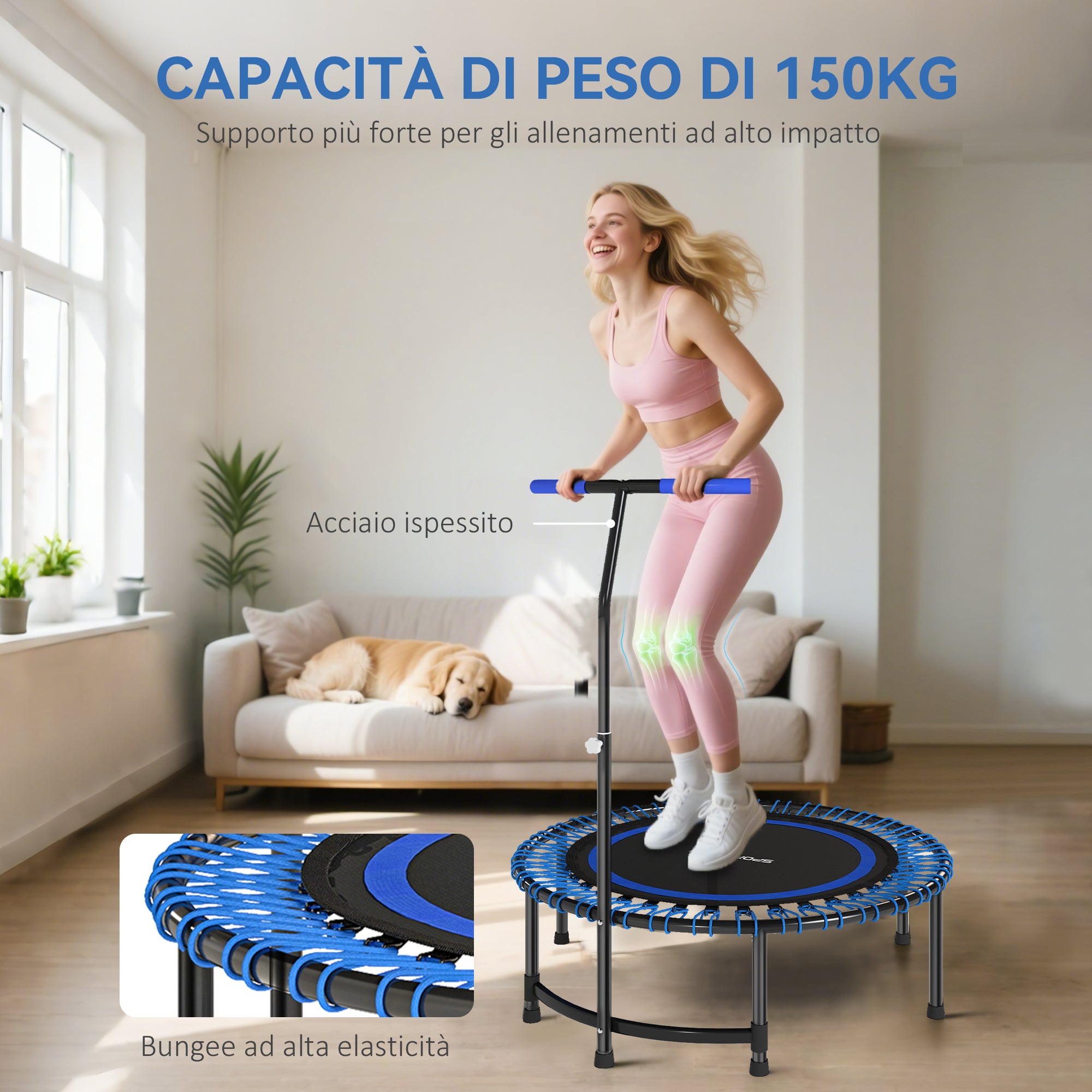 Fitness Trampoline Ø145 cm with 5-Position Adjustable Handlebar, 36 Bungee Springs and 150 kg Capacity, Blue