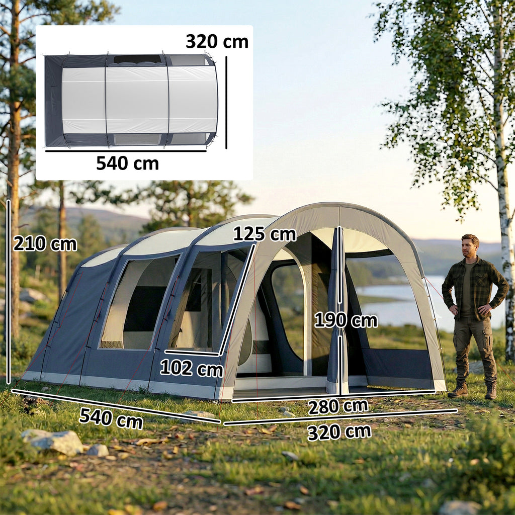 Outsunny 2-4 Person Tunnel Tent, 210cm High, 2 Rooms, 3000mm Waterproof, 540x320x210cm, Navy Blue
