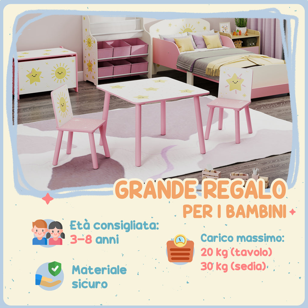 Children's Room Furniture Set with Table and 2 Chairs for Children Ages 3-8 with Star Pattern, Pink