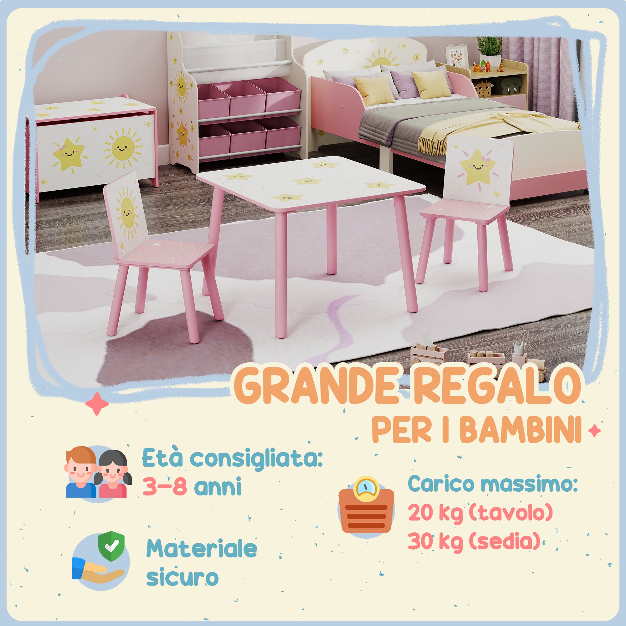 Children's Room Furniture Set with Table and 2 Chairs for Children Ages 3-8 with Star Pattern, Pink