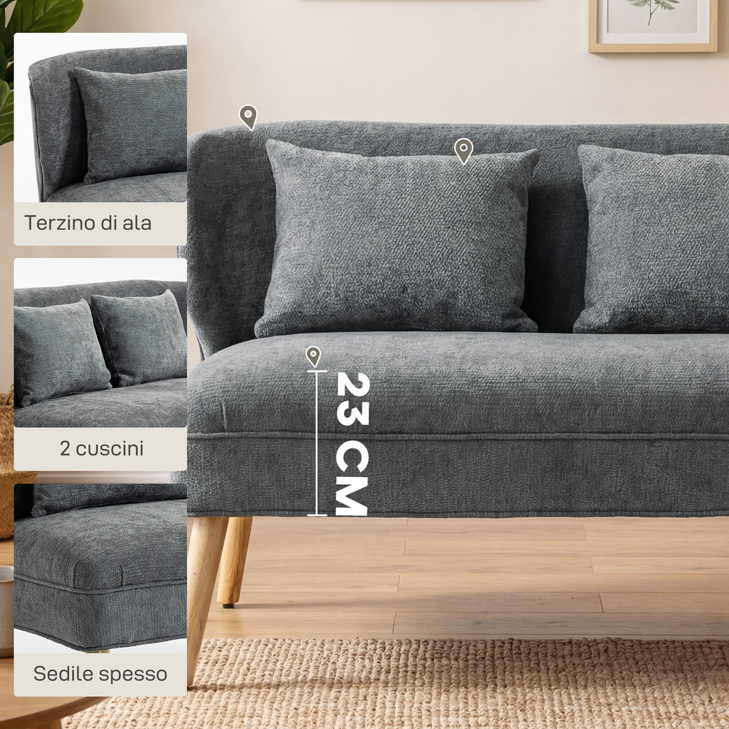 HOMCOM 2-Seater Chenille Sofa with Wide Seat, Thick Padding, 2 Cushions, Rubber Wood Legs, Grey