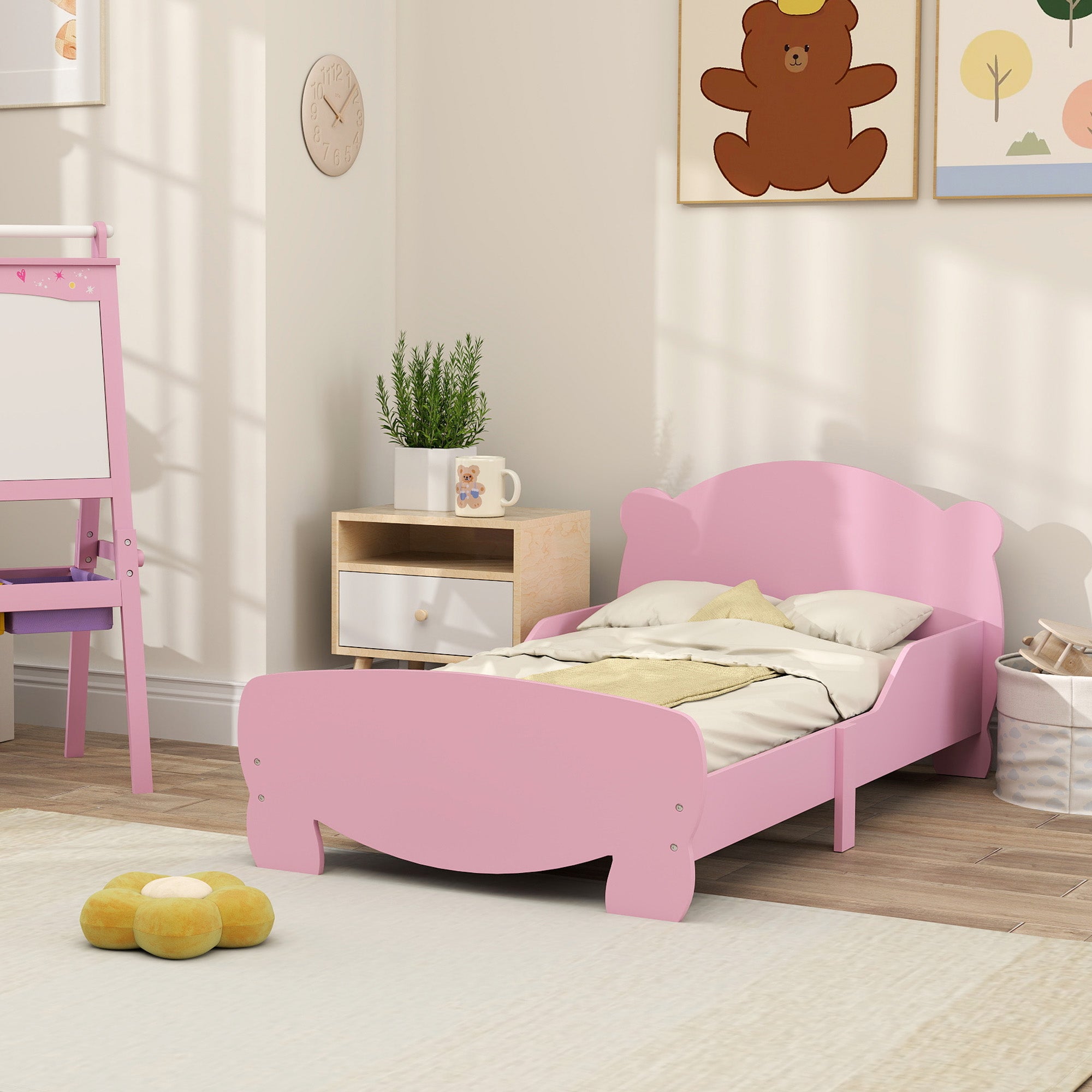 Baby Bed with Bear Headboard and Footboard and 2 Side Rails, Wooden, 143.5x80x55 cm, Pink