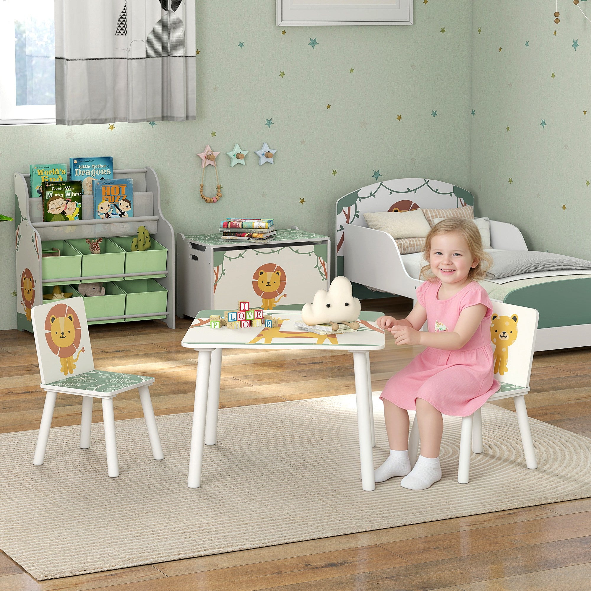 Children's Room Furniture Set with Table and 2 Chairs for Children Ages 3-8 with Animal Design, Green