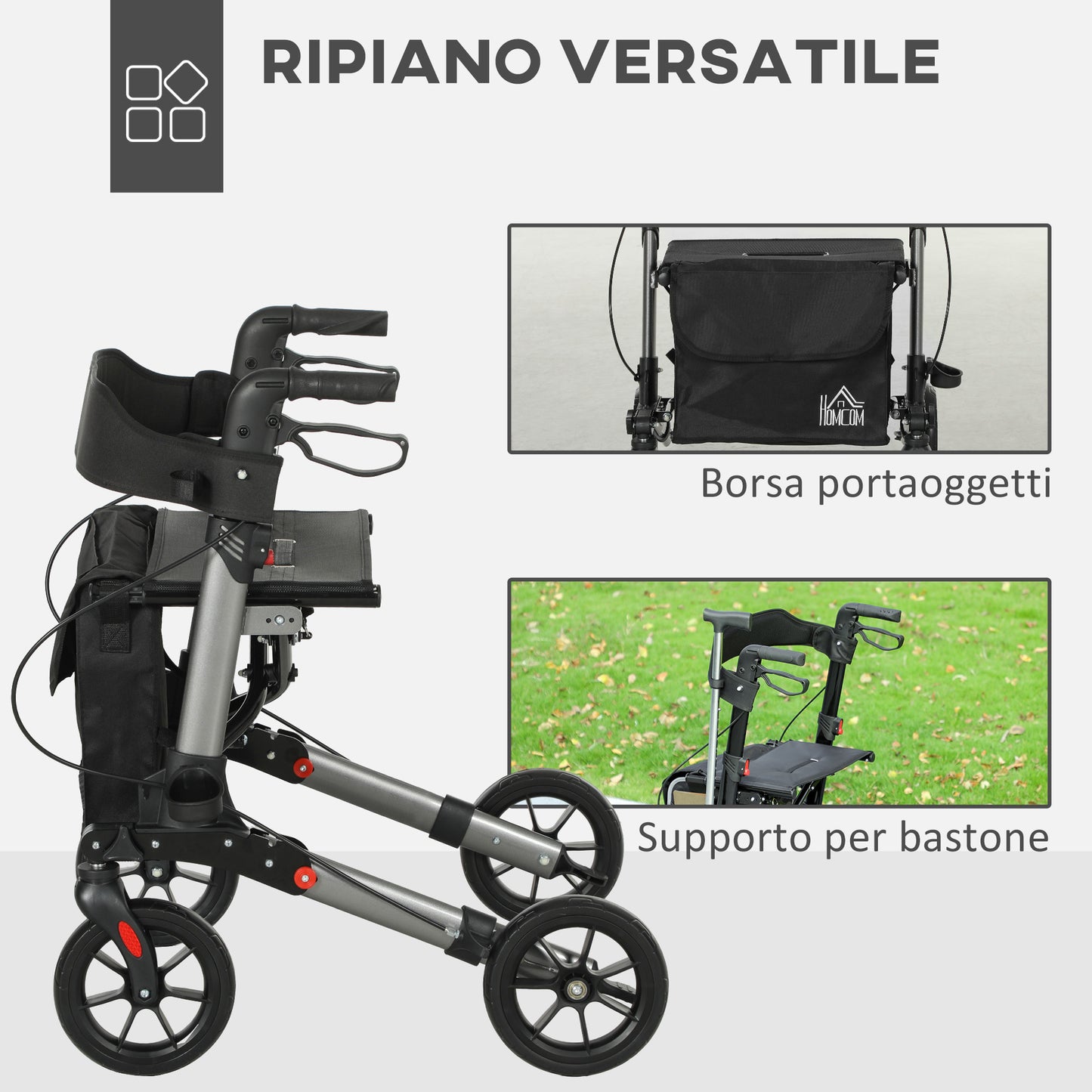 Height-Adjustable Aluminum Folding Walker with Bag, 67x65x79.5-94 cm, Black and Silver