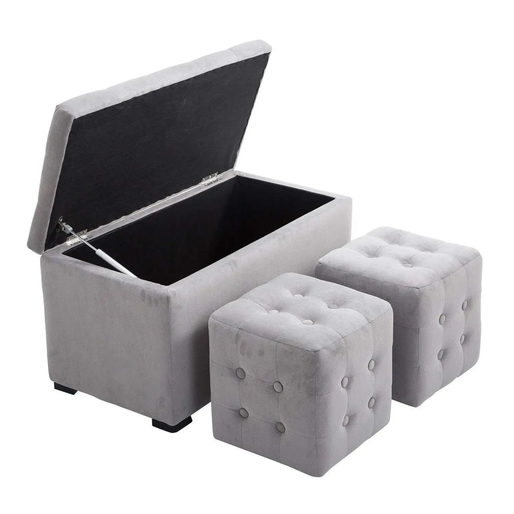 3 Piece Storage Bench Set with 2 Velvet Ottoman Stools, Pearl Grey