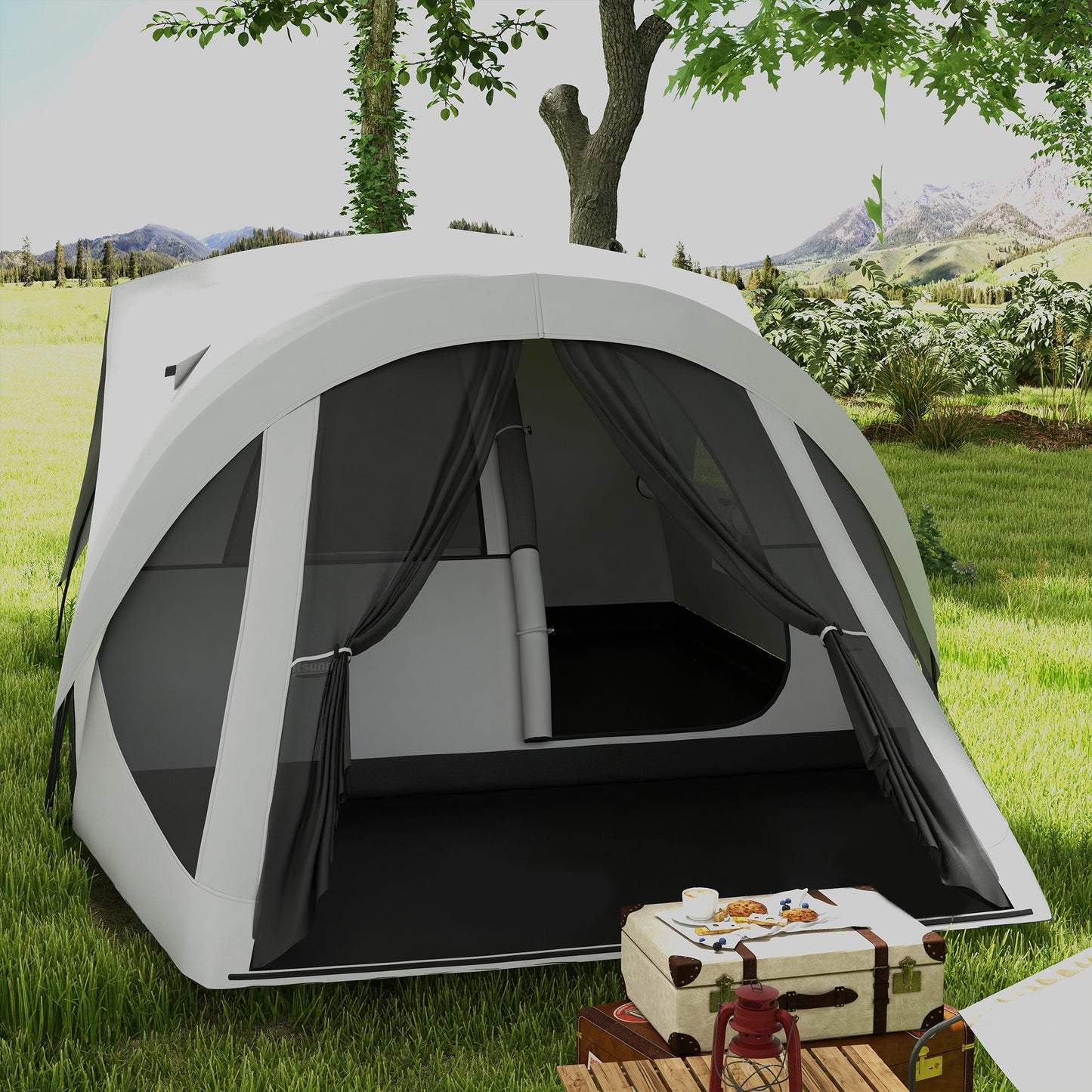 Outsunny Waterproof 4-Person Camping Tent with Sleeping Area and Living Area, in Polyester, 430x300x190 cm, Gray - Borgè