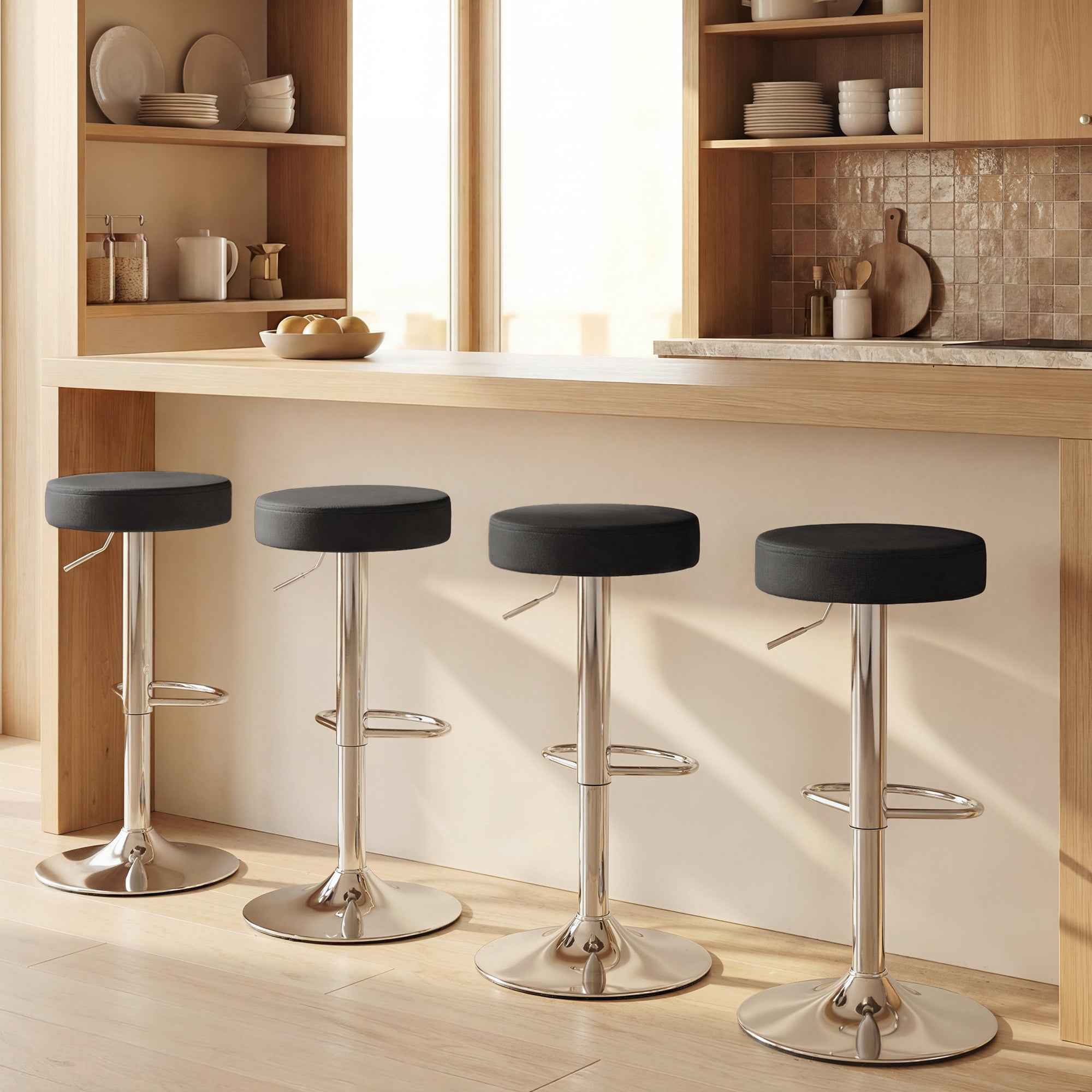 Set of 2 Modern Adjustable Bar Stools, PU Leather, Sponge, and Metal, 38.5 x 38.5 x 62-84 cm, Black