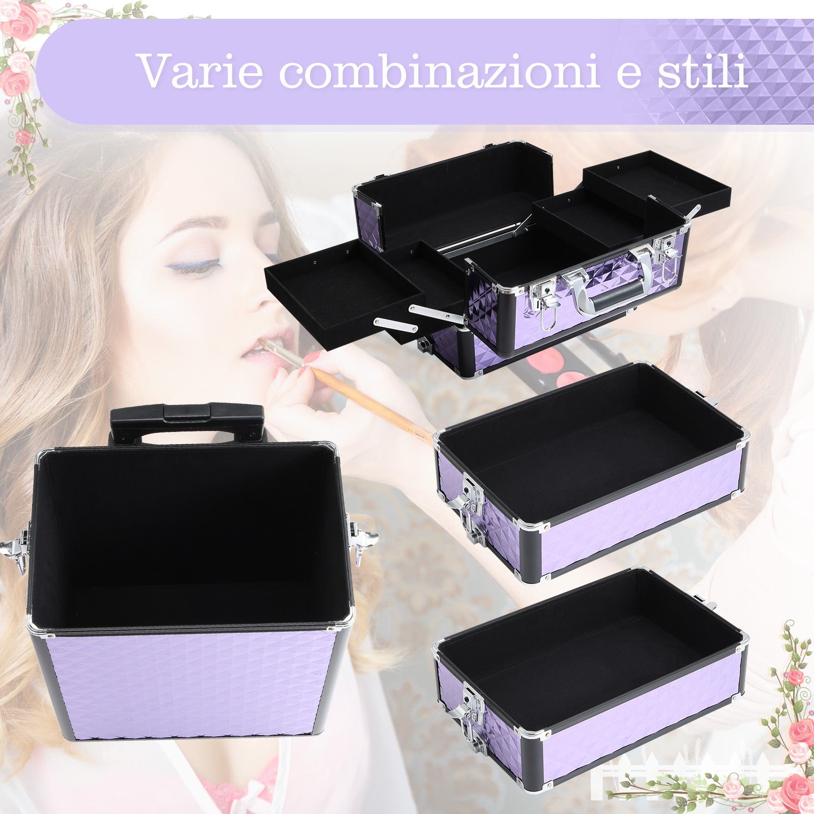 Professional Makeup Case, Aluminum Travel Makeup Trolley, 2 Wheels, Purple 33.5x23x76/95.5cm