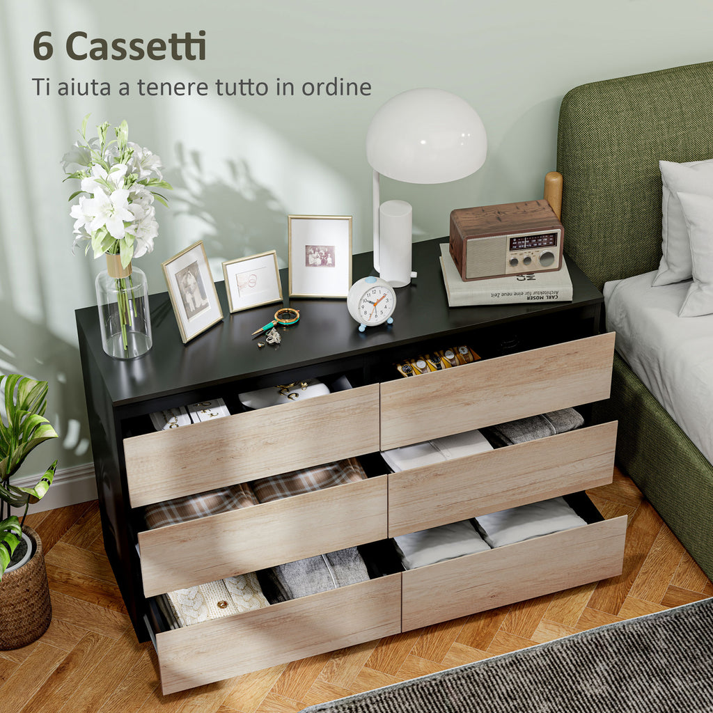 Chest of 6 Drawers for the Bedroom in Wood with Metal Guides, 120x39x75 cm, Black and Wood Color