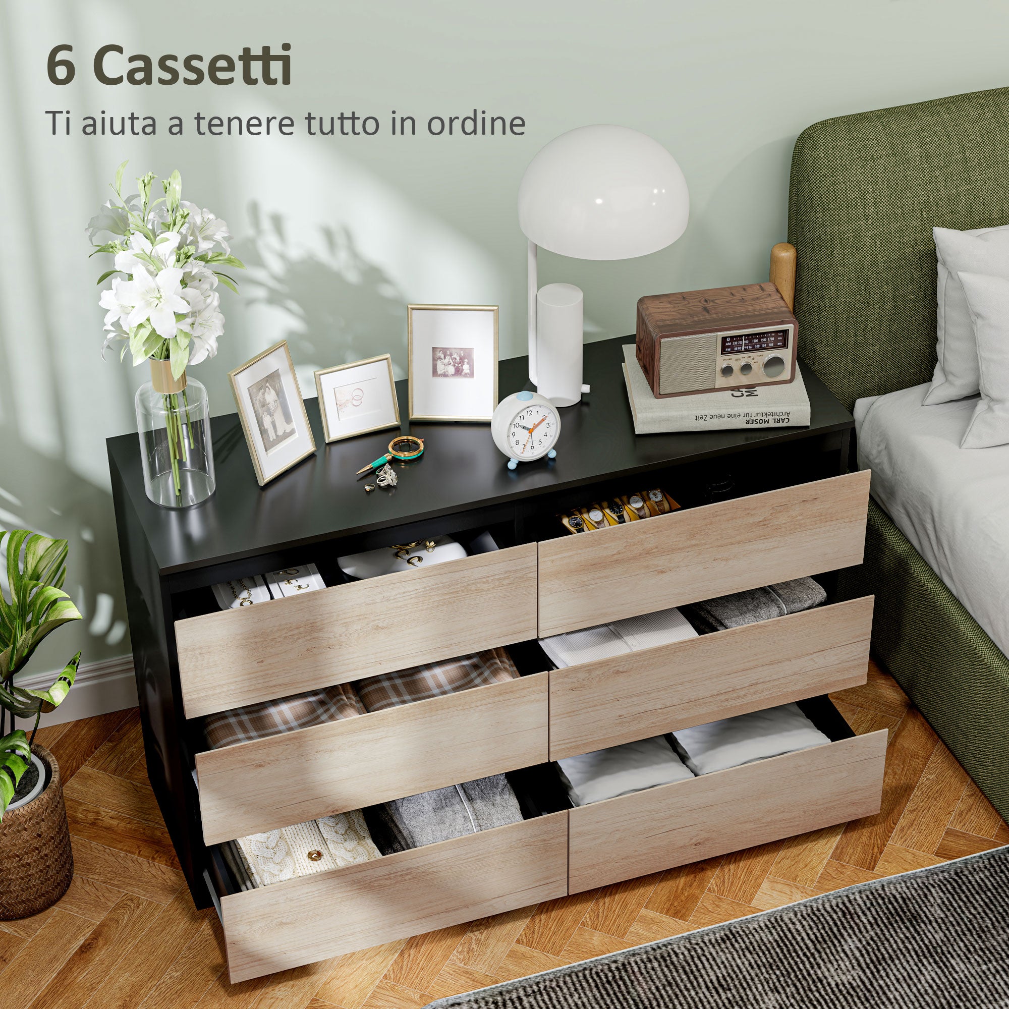 Chest of 6 Drawers for the Bedroom in Wood with Metal Guides, 120x39x75 cm, Black and Wood Color