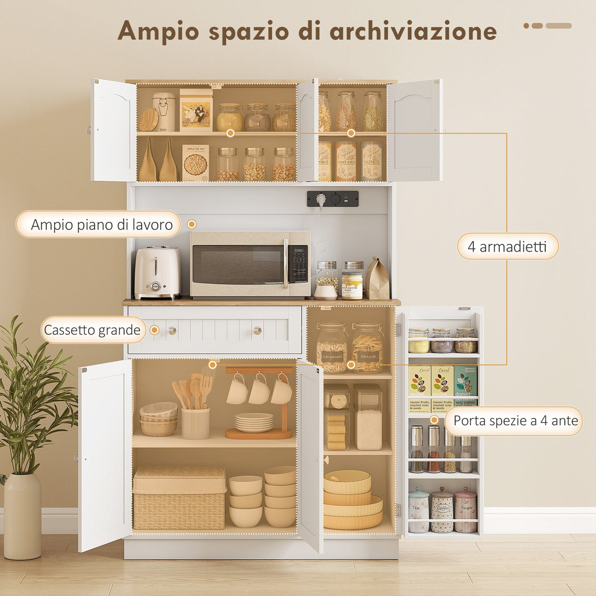 HOMCOM 173cm Tall Kitchen Sideboard with Charging Station, Microwave Oven, Adjustable Shelves, 4 Spice Racks, White