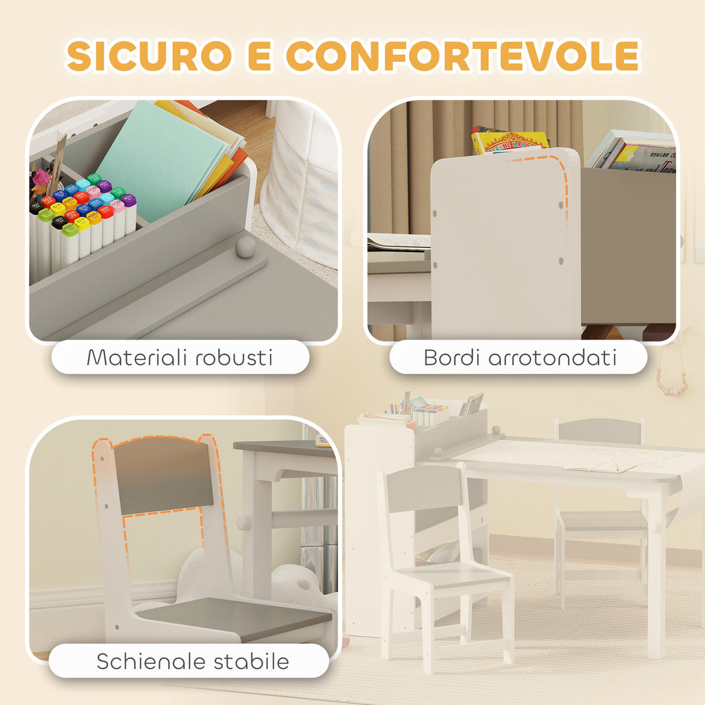 Children's Table and Chair Set with 2 Chairs and Storage Table, Made of Wood and Non-Woven Fabric, Grey and White