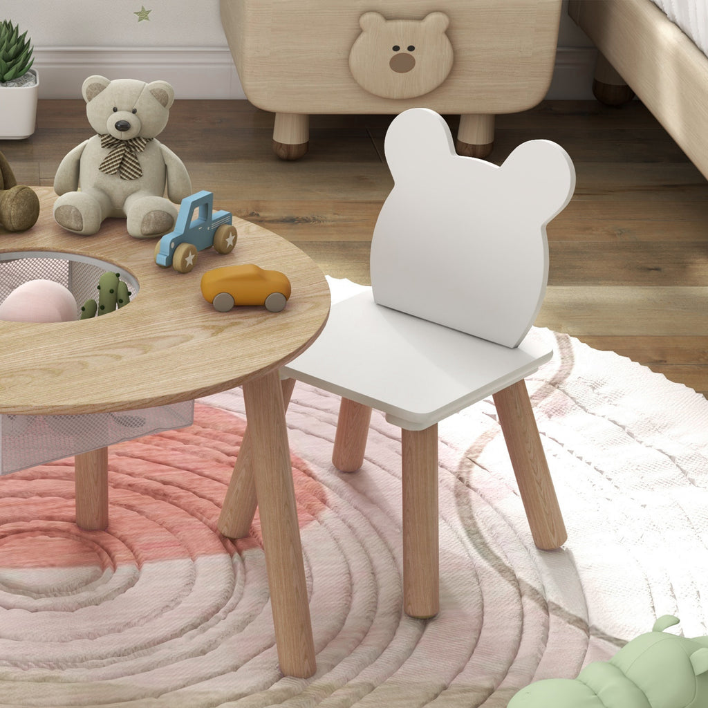 Children's Table and 2 Chairs Set with Teddy Backrest, Coffee Table with Storage, White and Wood