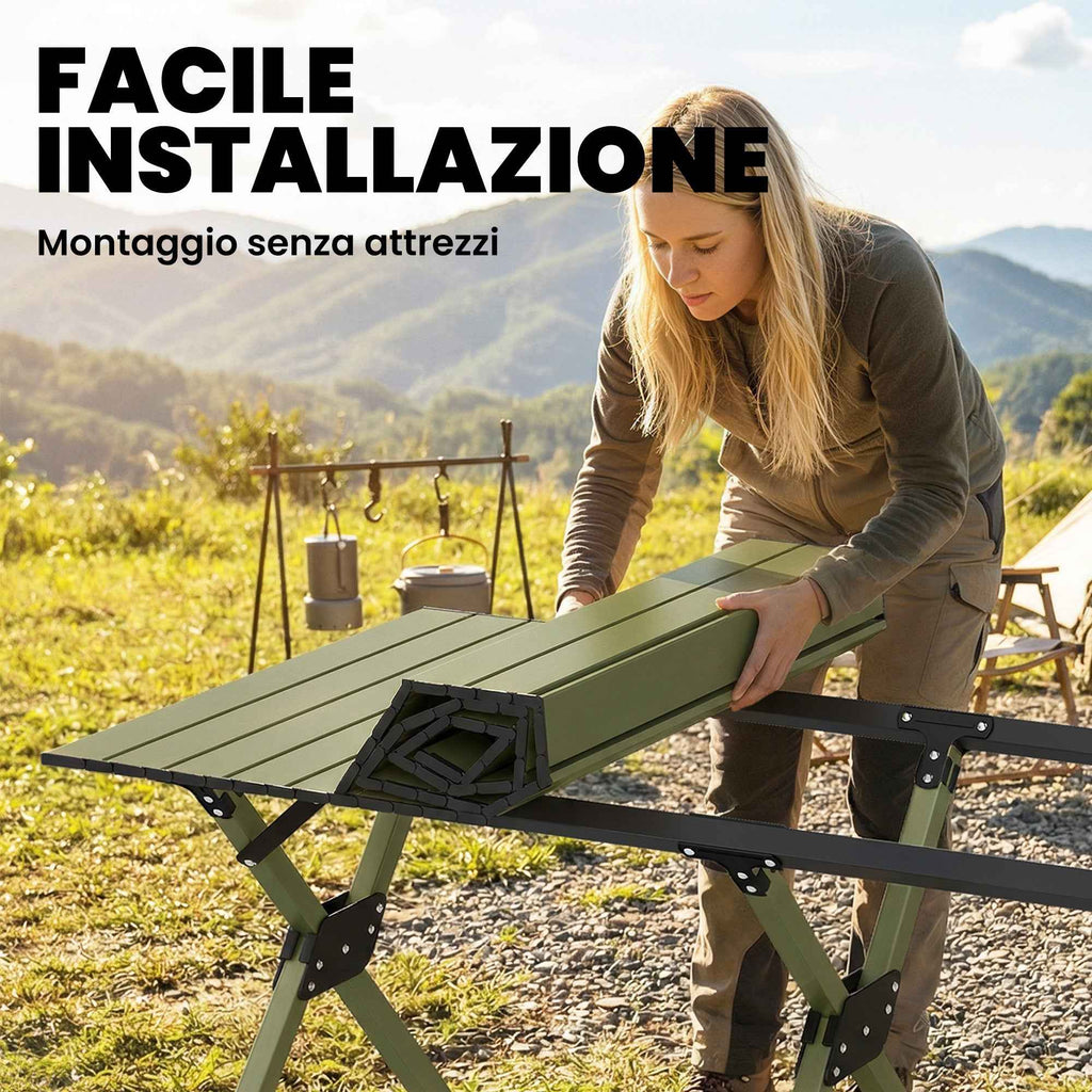 Outsunny 116cm Folding Camping Table, Waterproof Picnic Table with Roll-Up Top and Metal Frame, Portable for Garden, Park, BBQ, Green