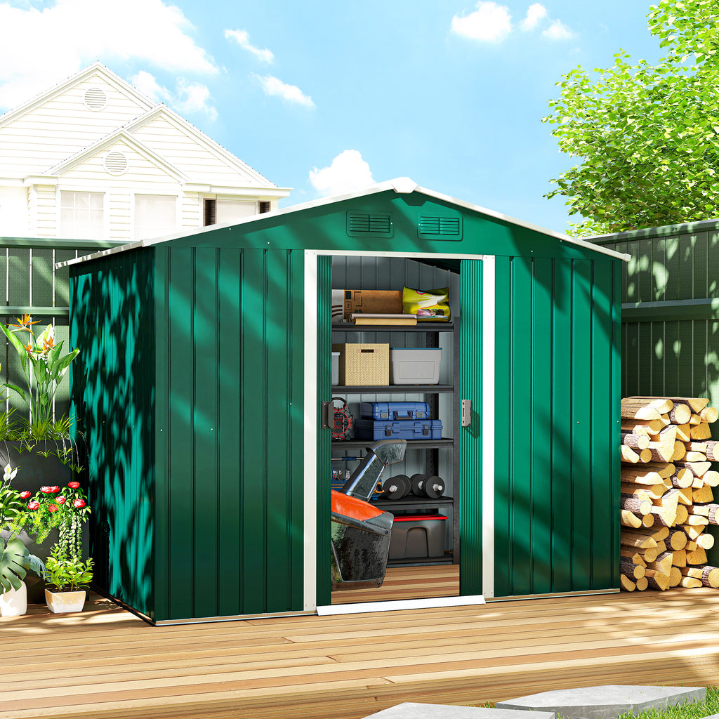 3.6m² Steel Sheet Garden Shed with 2 Sliding Doors and 4 Air Vents, 236x174x190cm, Green