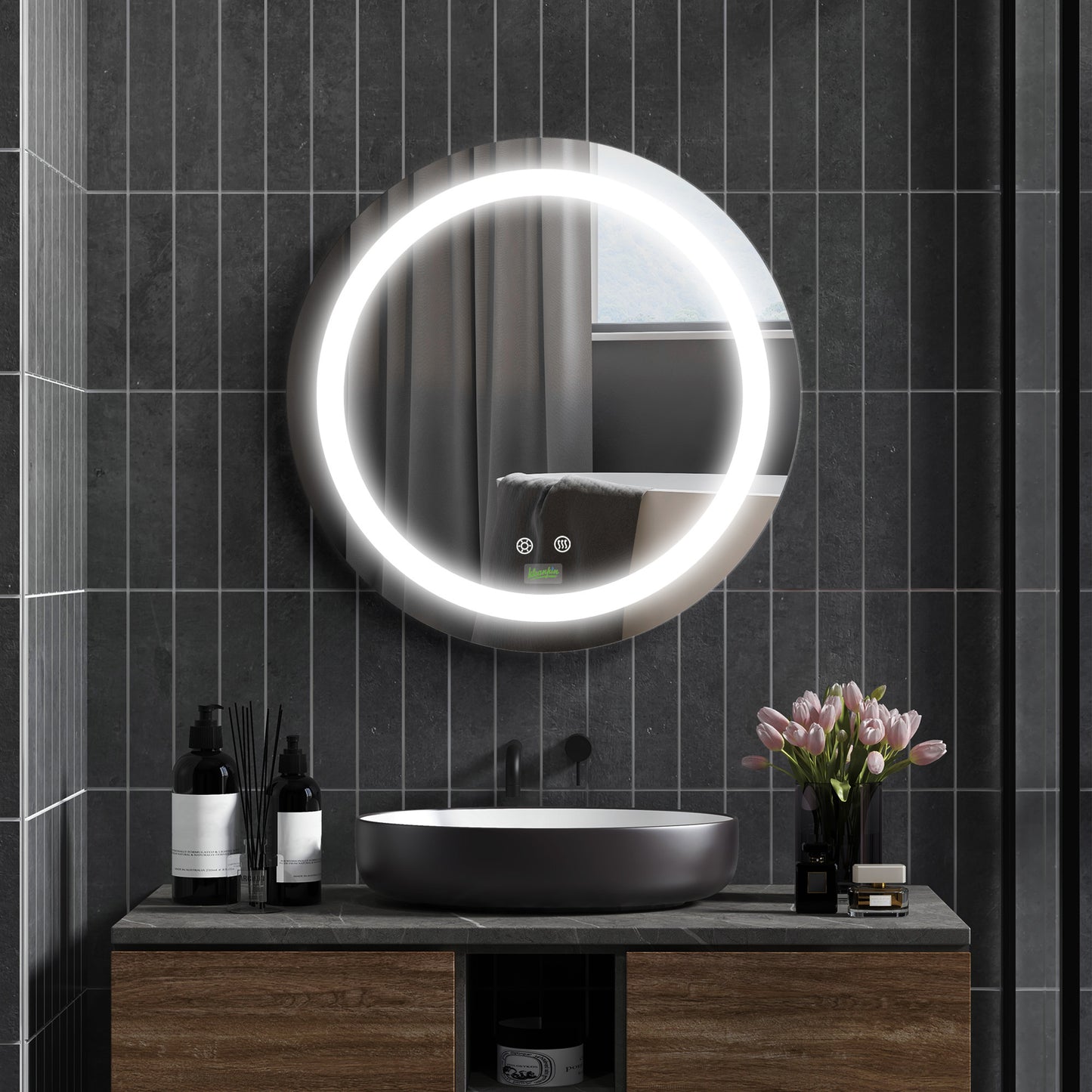 Round Bathroom Mirror with Adjustable LED Light and Anti-Fog Function, Ø50cm