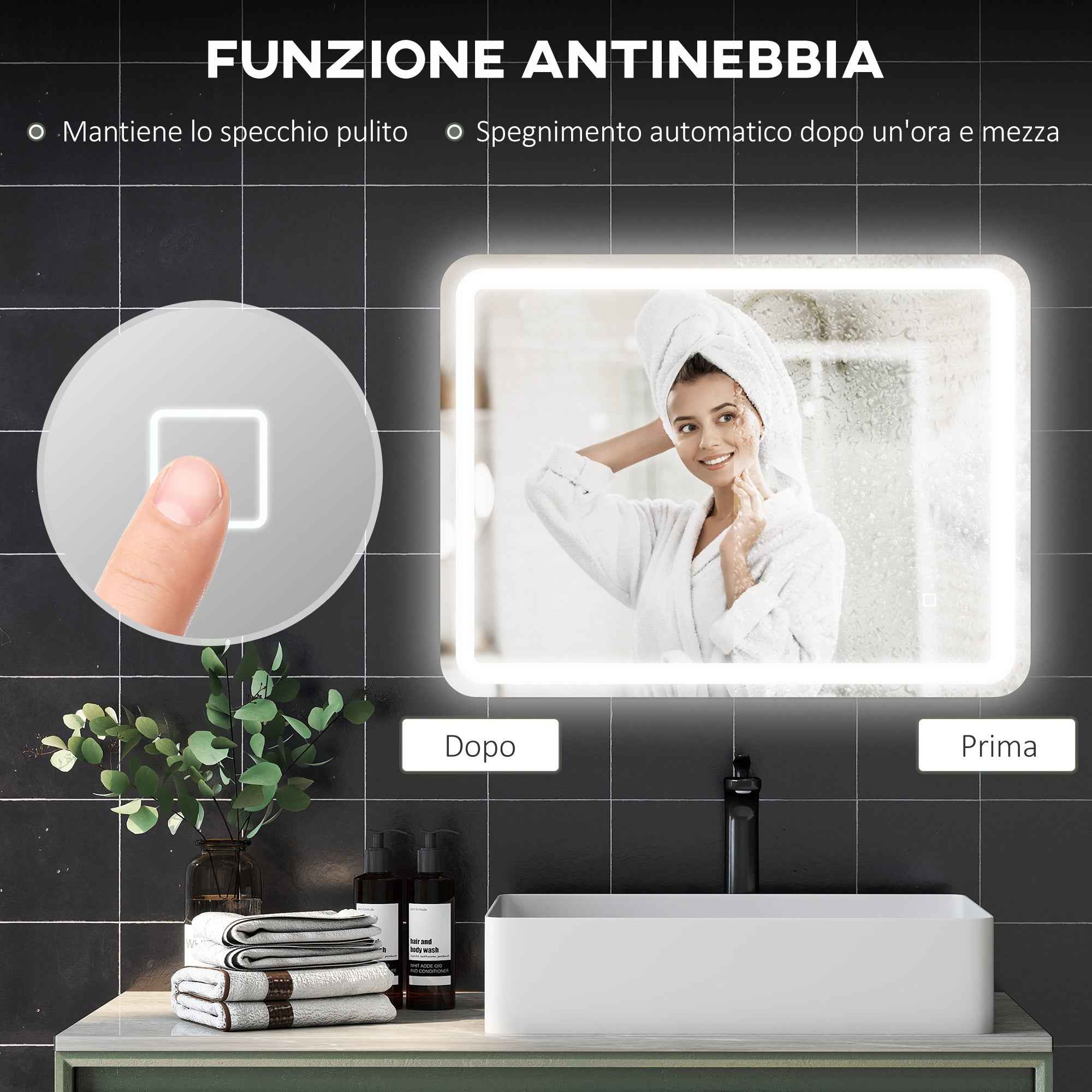 HOMCOM LED Touch Bathroom Mirror with Dimmable Light, 3 Temperatures and Anti-Fog, 60x80 cm