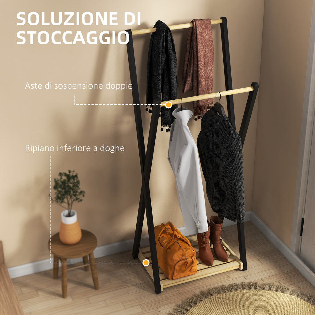 HOMCOM Wooden Floor Coat Rack with 2 Bars and Lower Shelf Modern Design, 61x45x152cm - Borgè