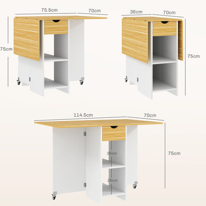 Folding Dining Table for 2-4 People with 2 Drop-Leafs, Drawer and Shelves, Oak