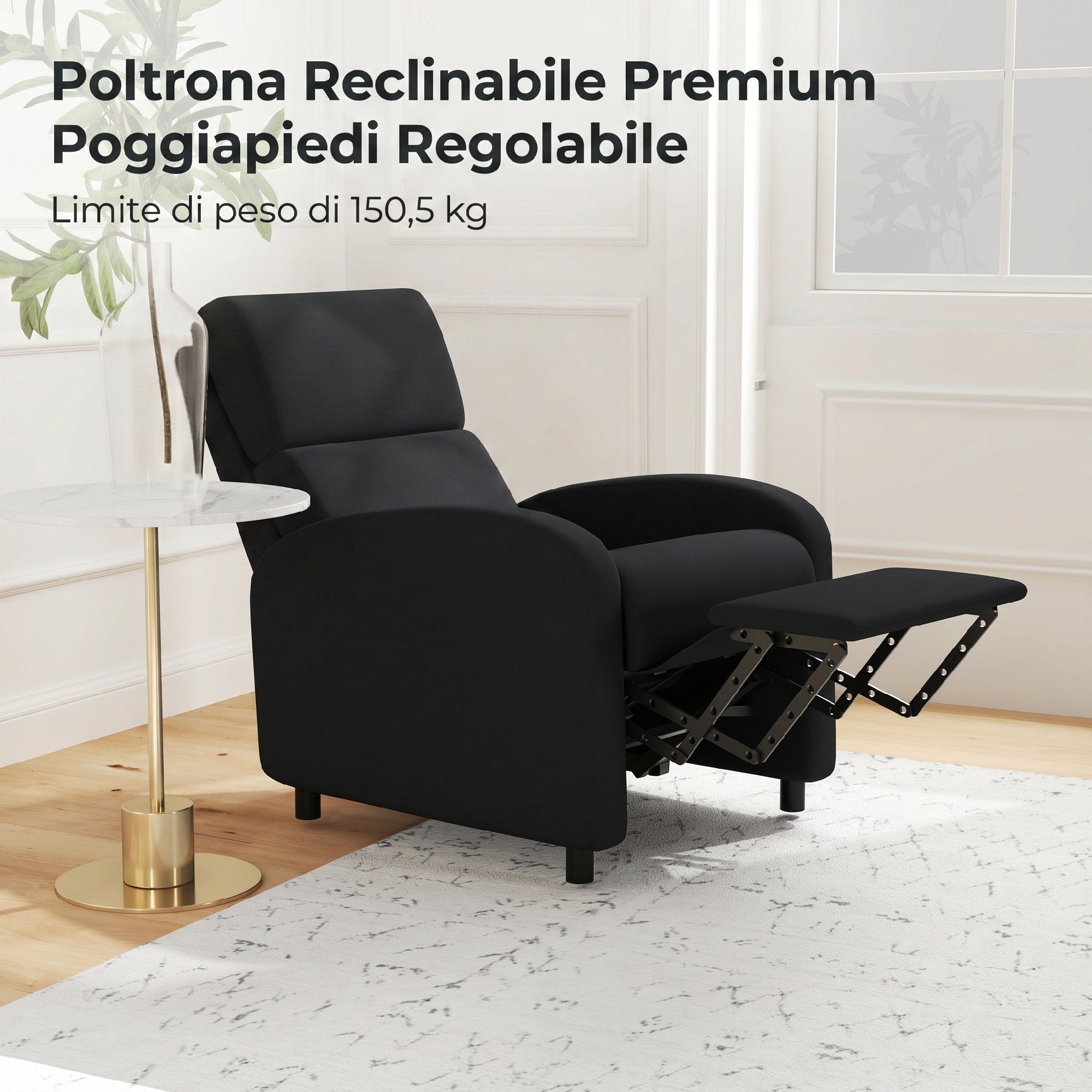 160° Manual Reclining Relaxing Chair with Linen-Effect Fabric Footrest, Black