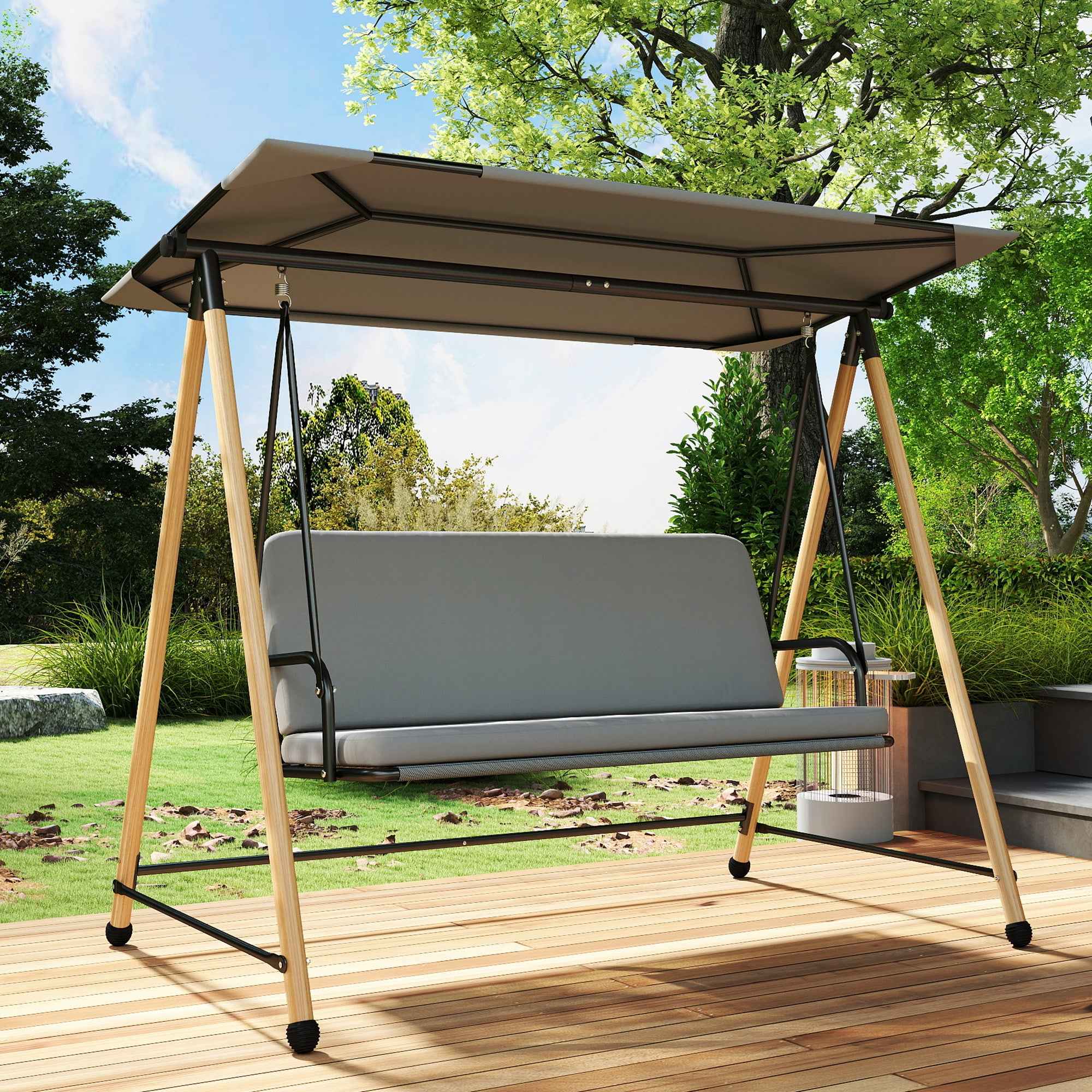 Outsunny 3-Seater Swing with Adjustable Canopy and Cushion, Made of Steel, Texteline and Polyester, 208x125x180 cm, Grey