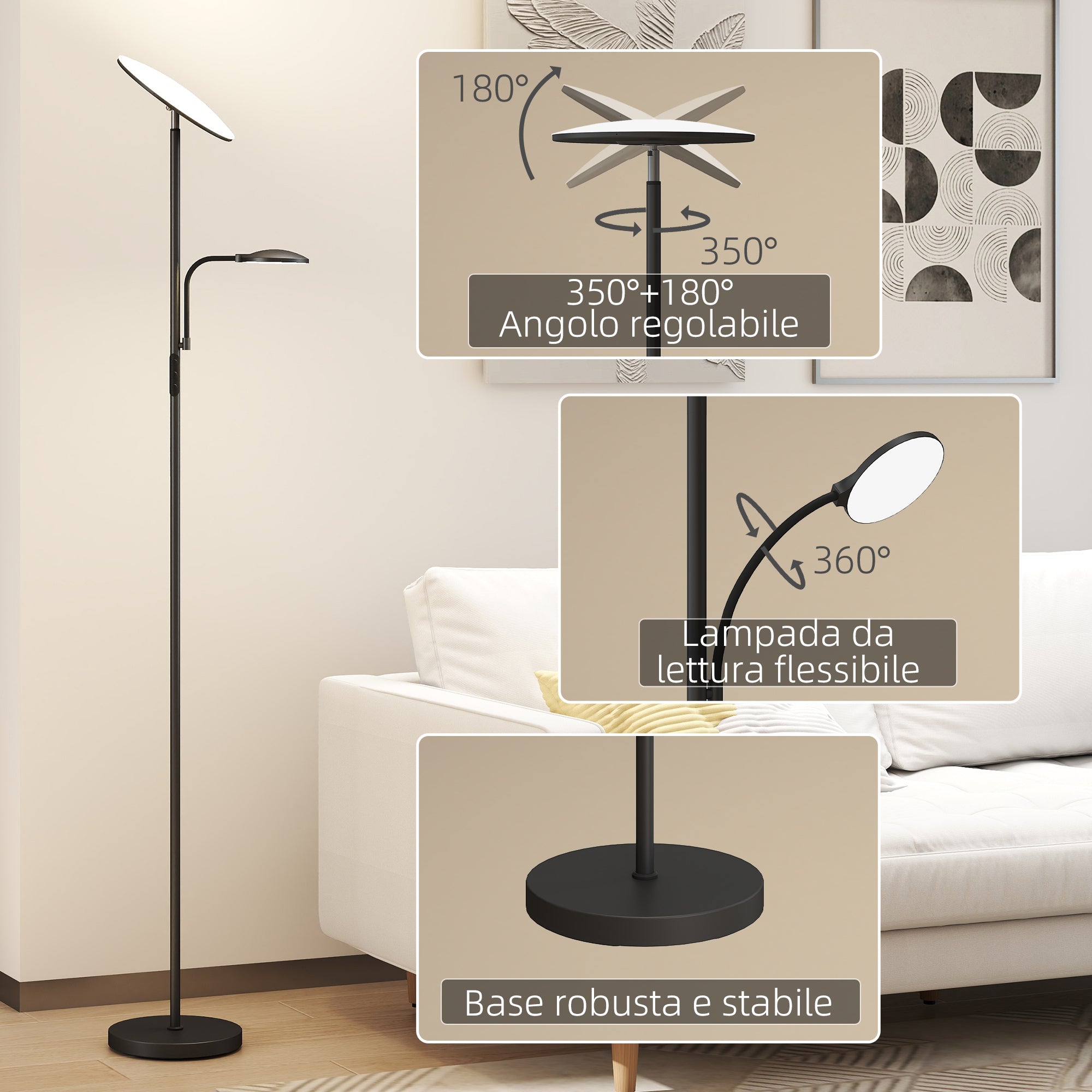 Floor Lamp with 2 Light Points Adjustable to 4 Levels, Temperature 2700K-6500K and Remote Control, Black
