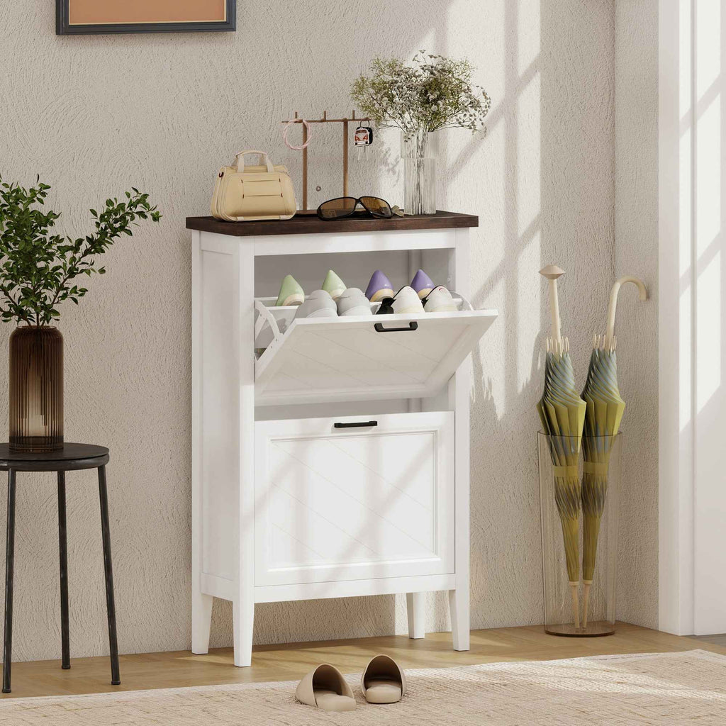 HOMCOM Country Shoe Rack with 2 Flap Drawers, Adjustable Shelves, White Design.