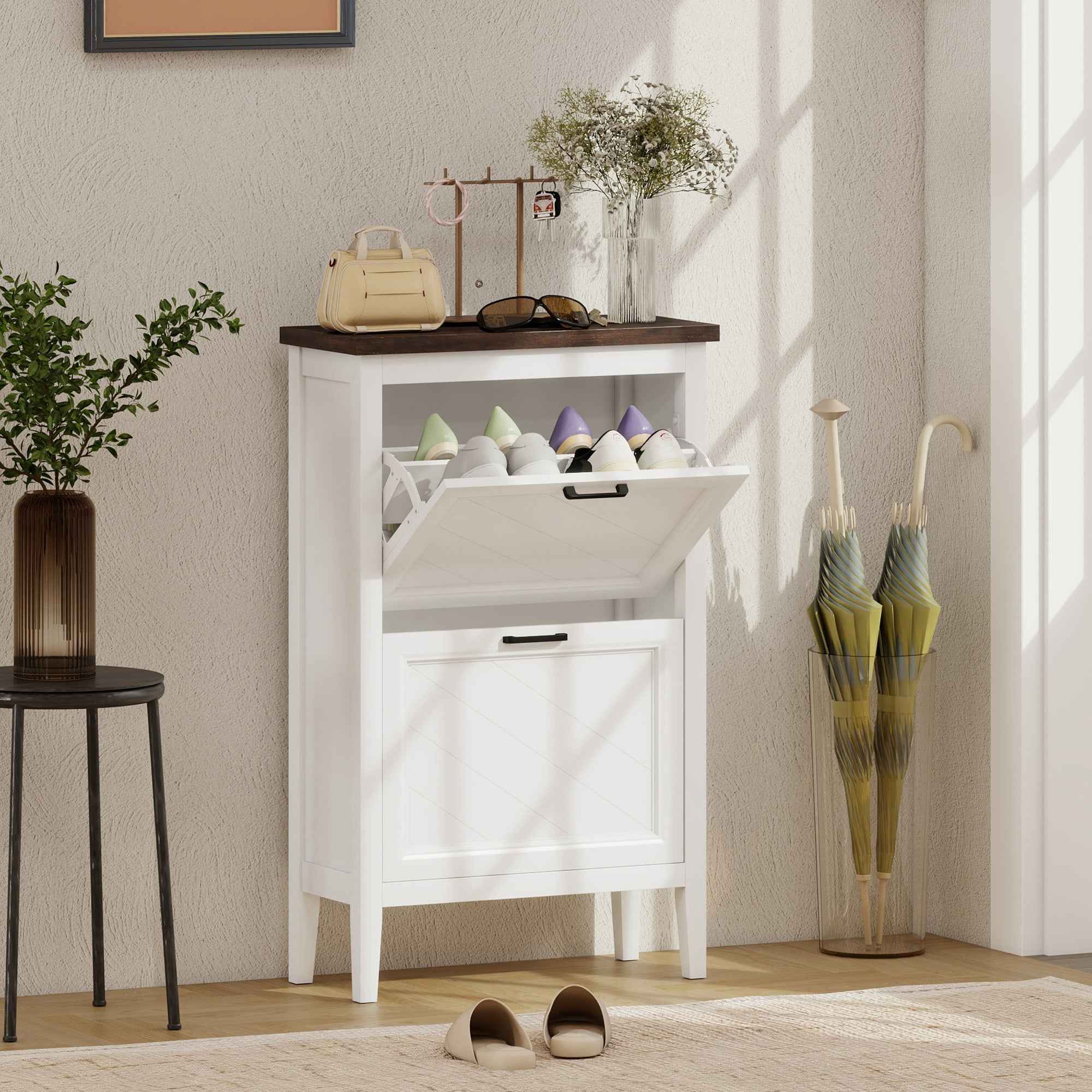 HOMCOM Country Shoe Rack with 2 Flap Drawers, Adjustable Shelves, White Design.