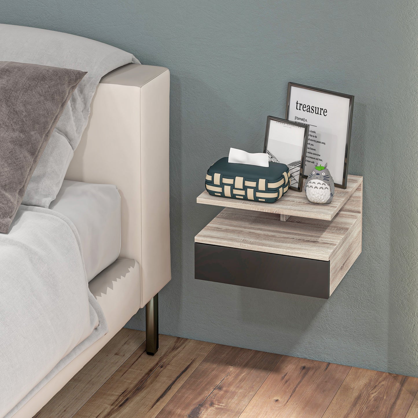 Set of 2 Modern Floating Bedside Tables with Drawer and Top Shelf, 35x32x22.5cm, Oak and Black