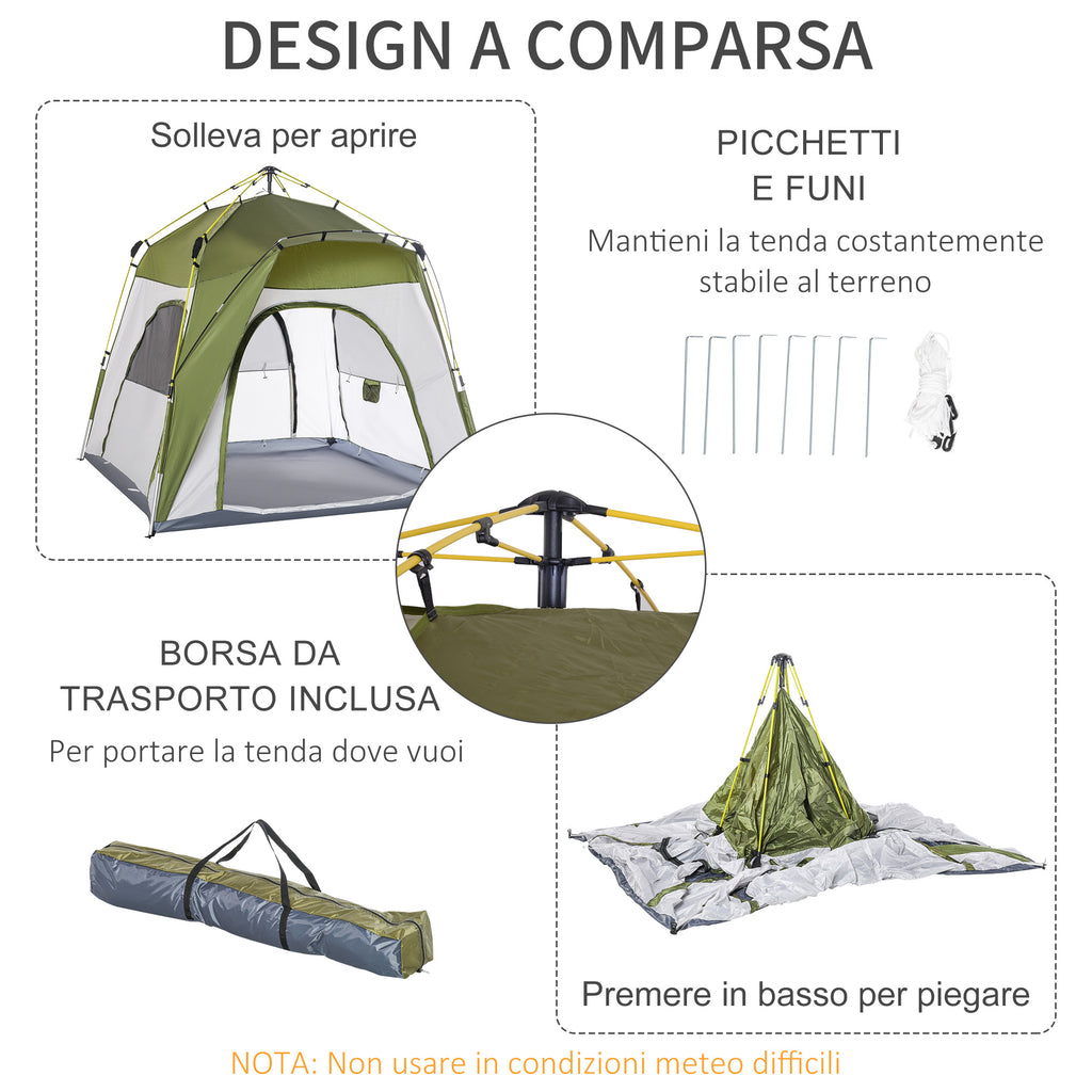 2-Person Pop-Up Camping Tent with Zippered Door and 3 Windows, 240x240x199 cm, Green