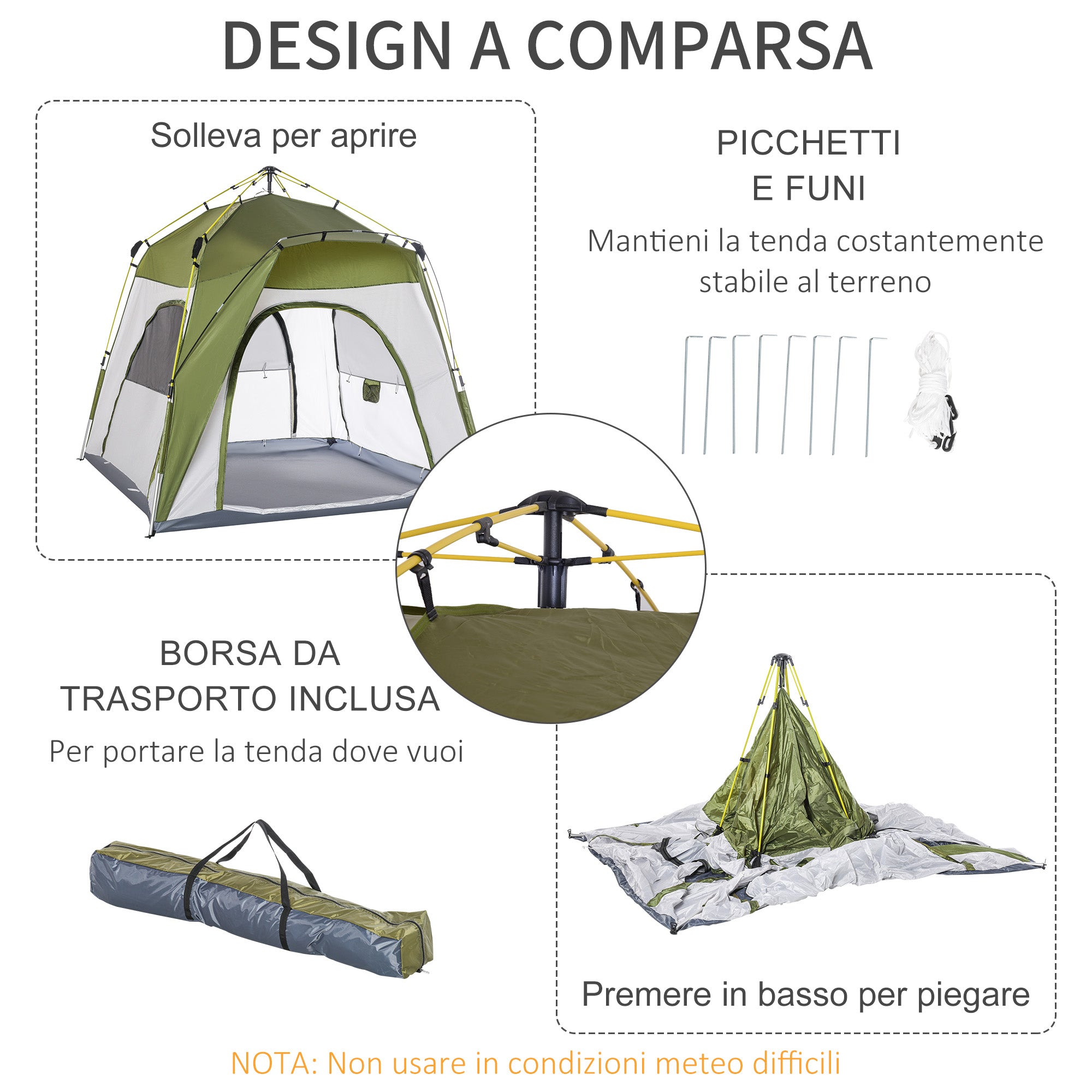 2-Person Pop-Up Camping Tent with Zippered Door and 3 Windows, 240x240x199 cm, Green